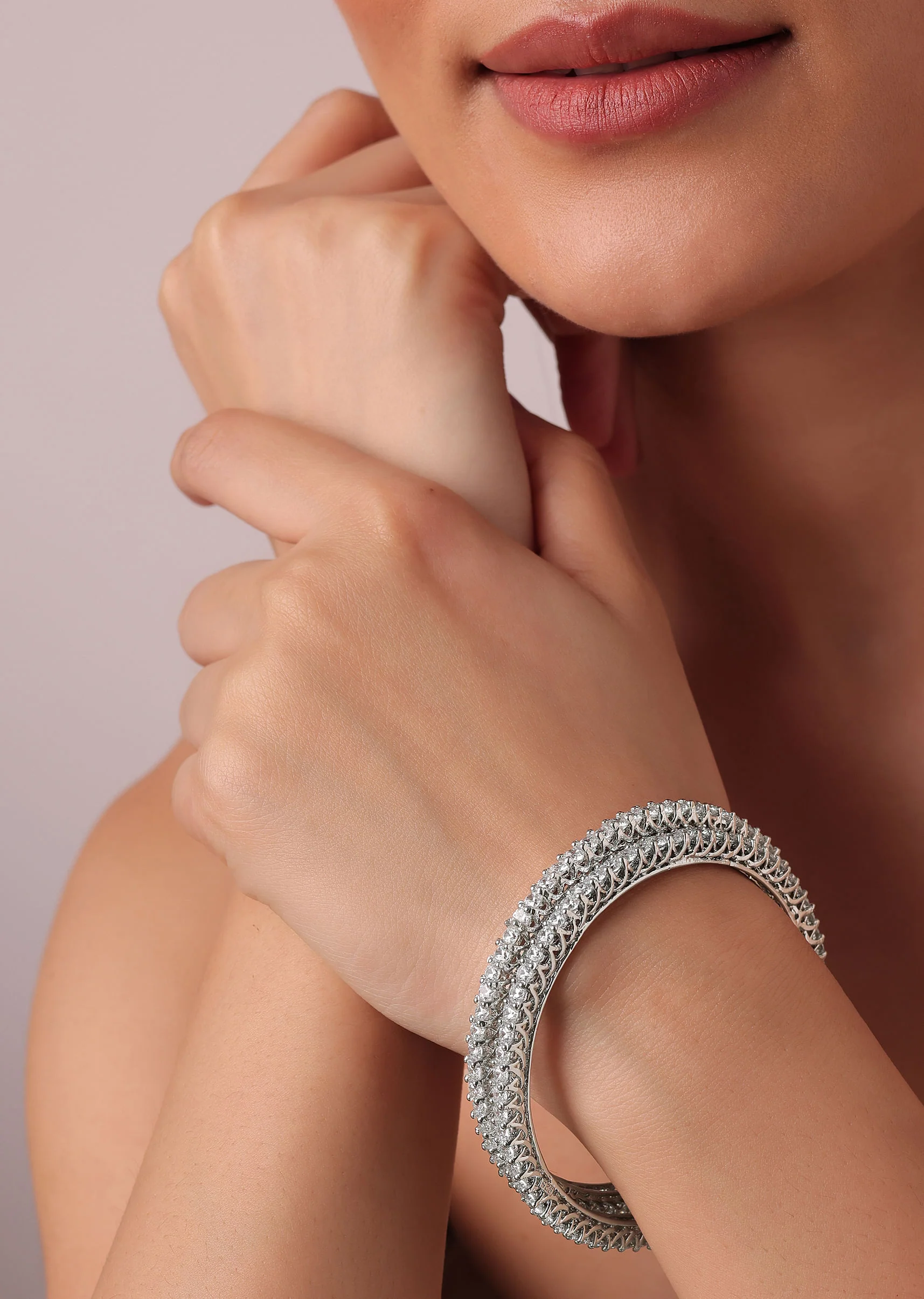 92.5 Sterling Silver Bangles With White Zirconia Set of 2 - Image 2