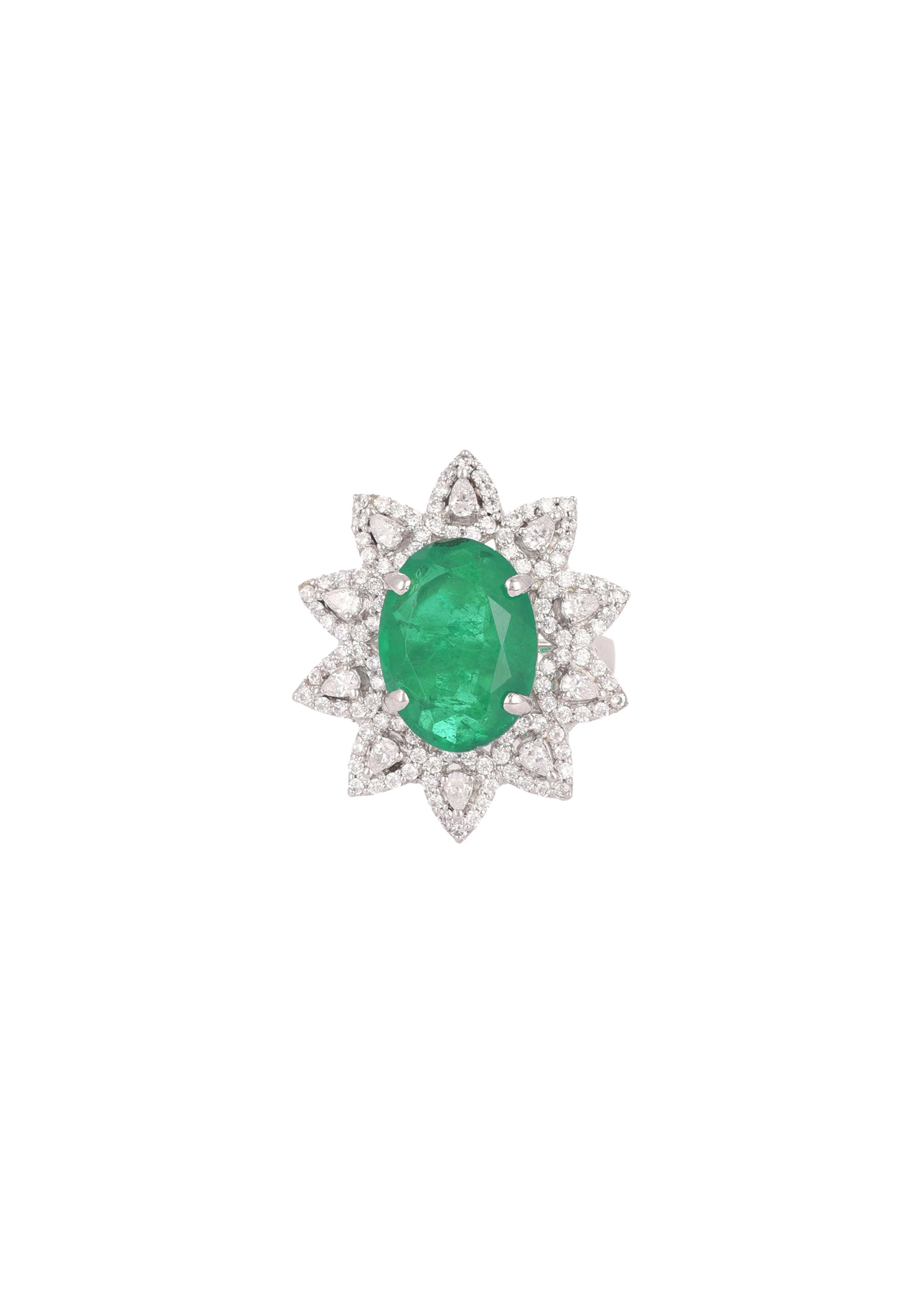 92.5 Sterling Silver Floral Ring Embedded with Green Emerald - Image 2