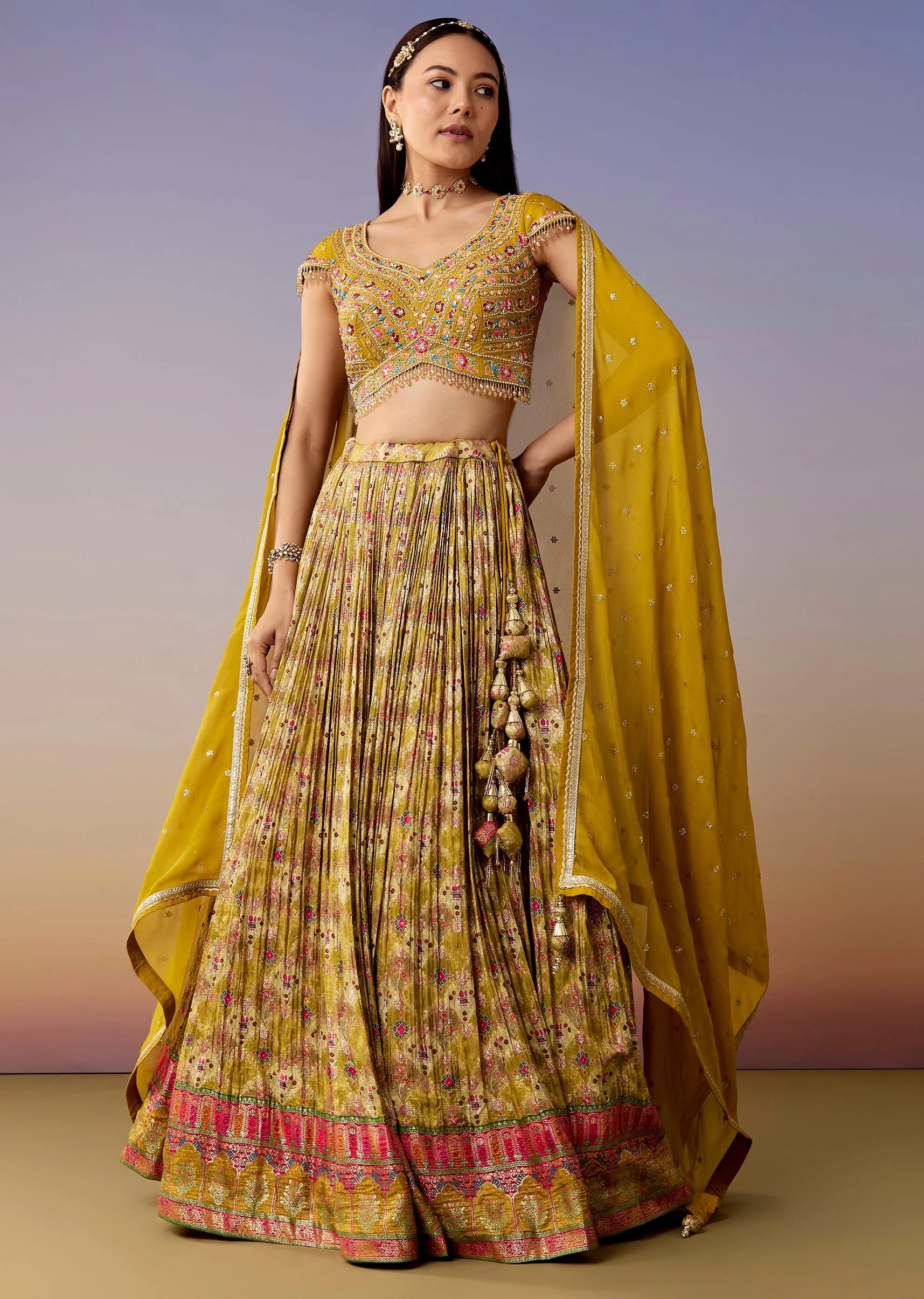 A Yellow Printed Bridesmaid Lehenga Sets - Image 4