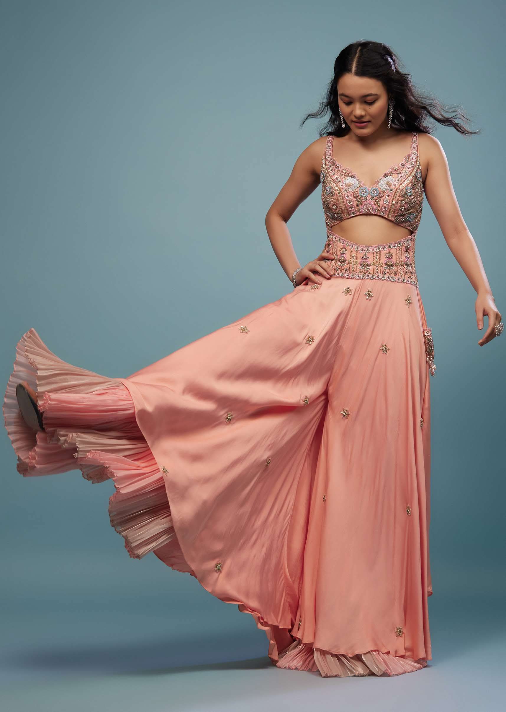 Peach Pink Embroidered Jumpsuit In Satin - Image 3