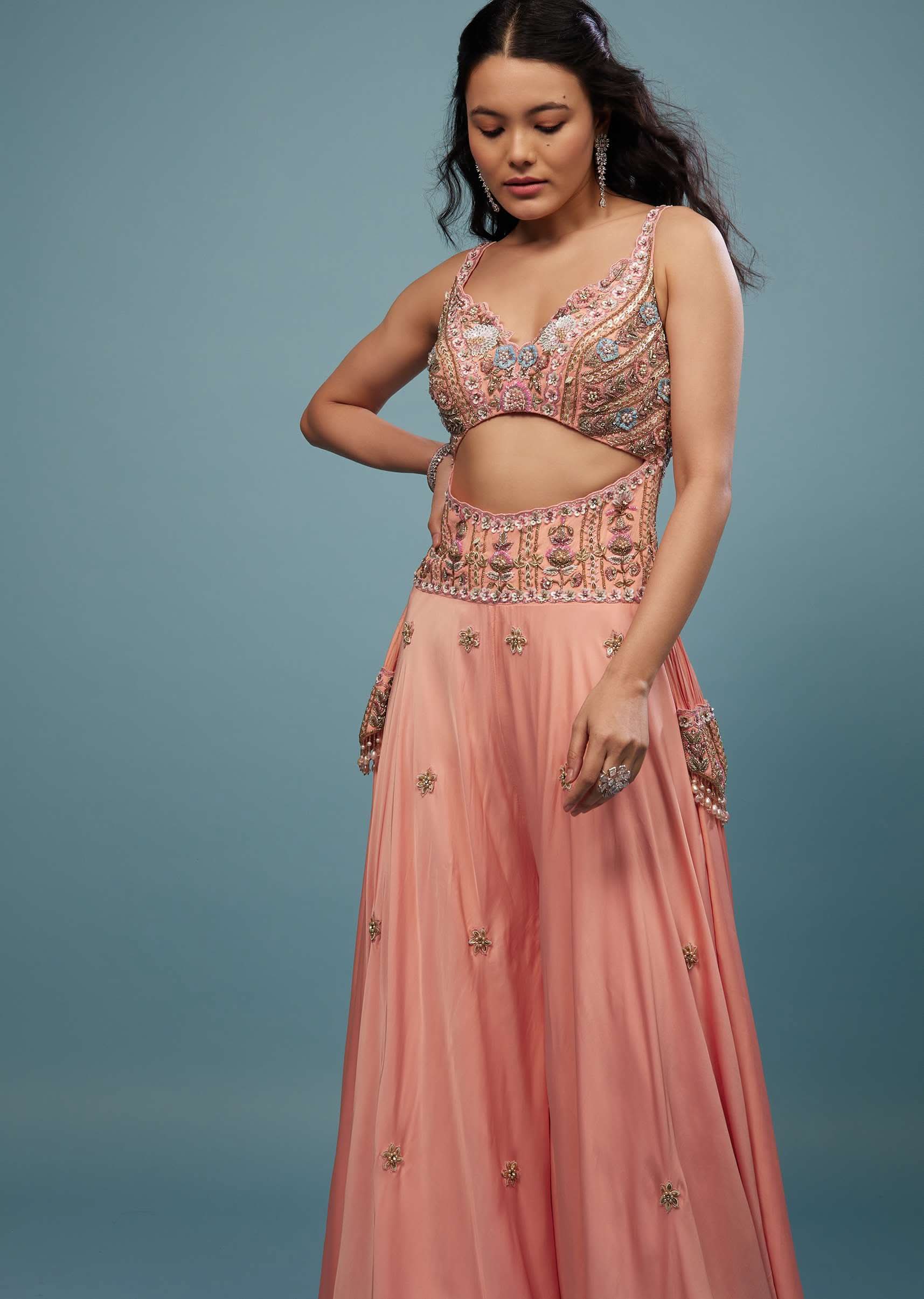 Peach Pink Embroidered Jumpsuit In Satin - Image 4