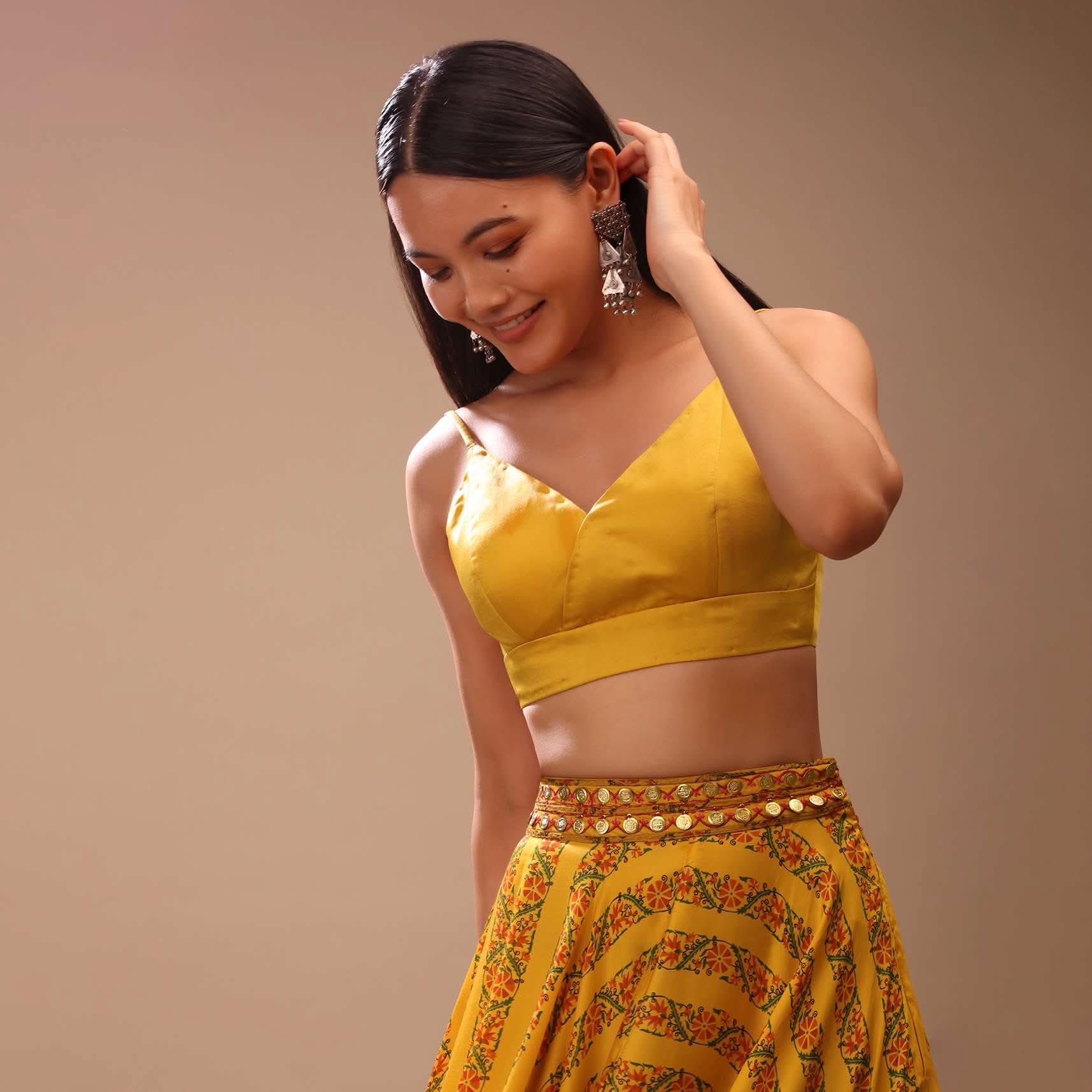 Amber Yellow Blouse In Satin With Strap Sleeves And Overlapping Geometric Neckline - Image 2
