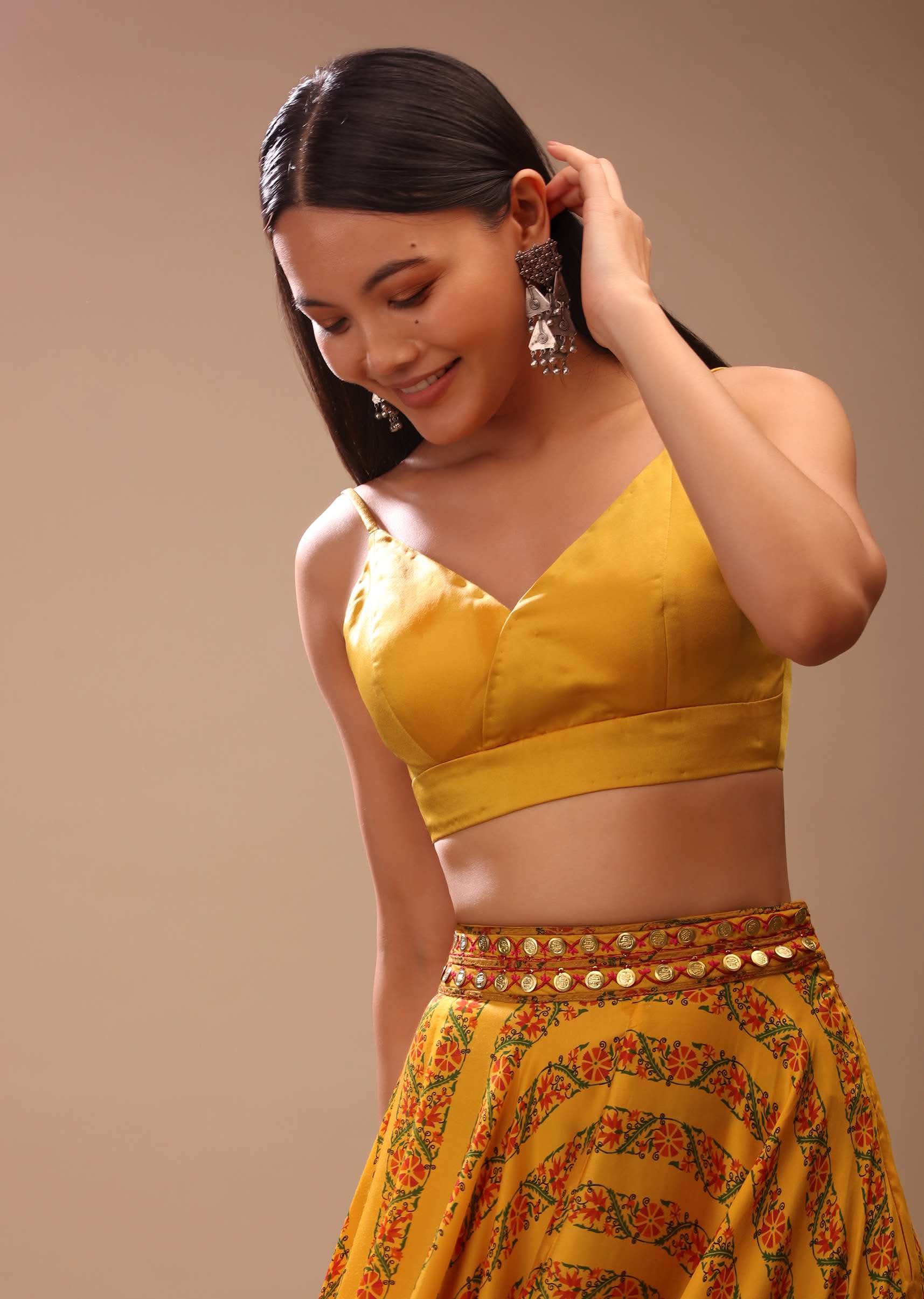 Amber Yellow Blouse In Satin With Strap Sleeves And Overlapping Geometric Neckline - Image 5