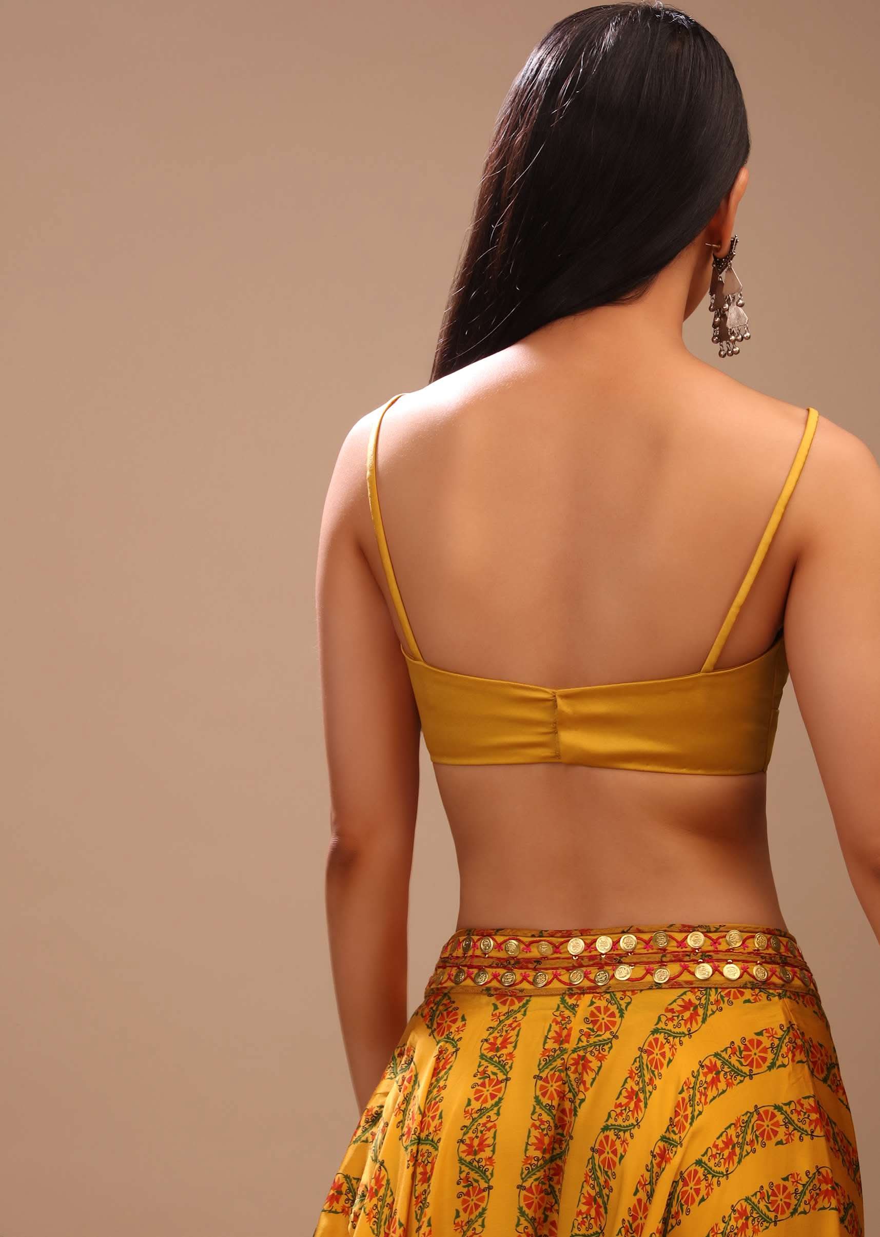Amber Yellow Blouse In Satin With Strap Sleeves And Overlapping Geometric Neckline - Image 7