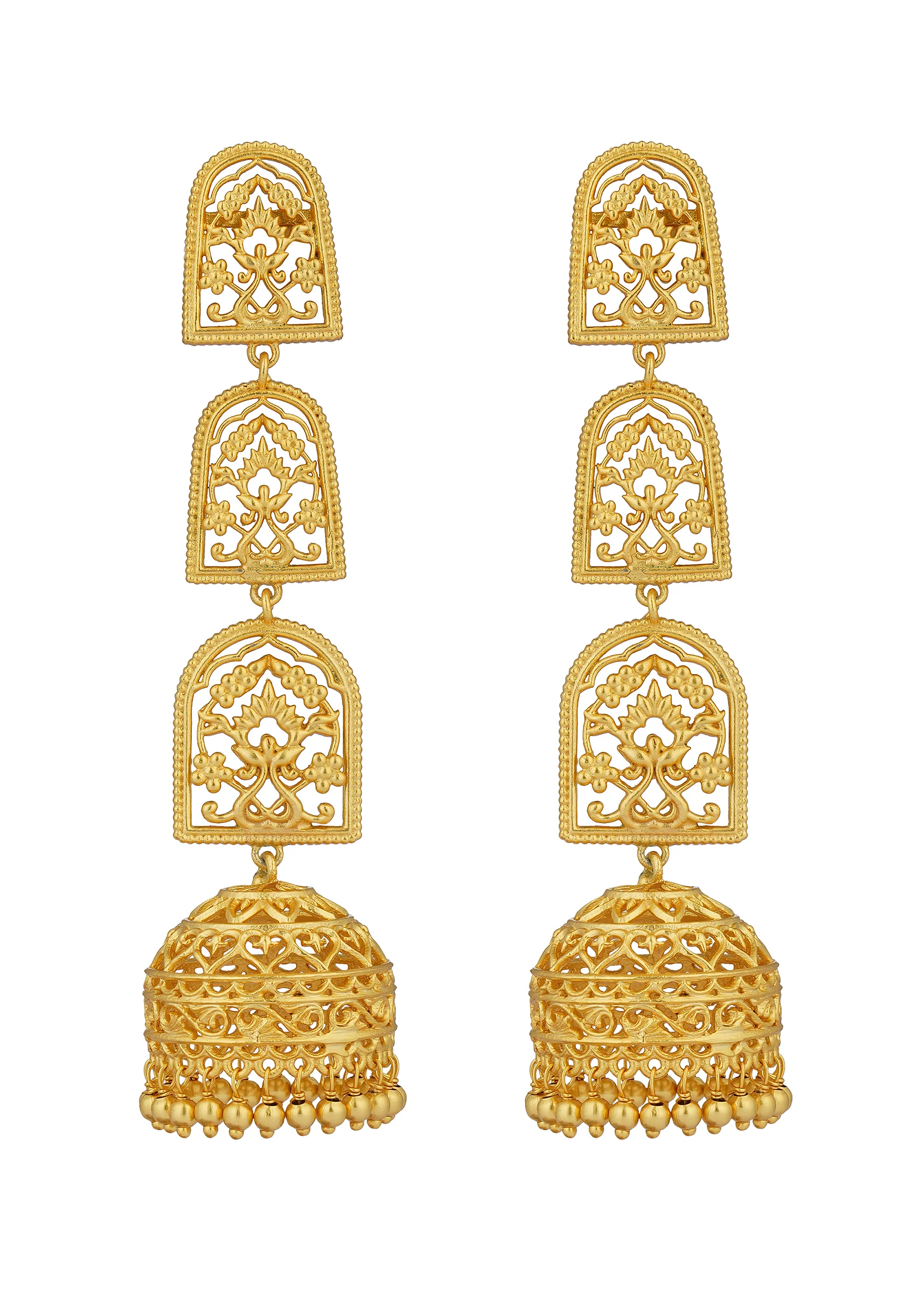 Antique Gold Bareilly Jhumka Earrings With Layered Dome Design - Image 3