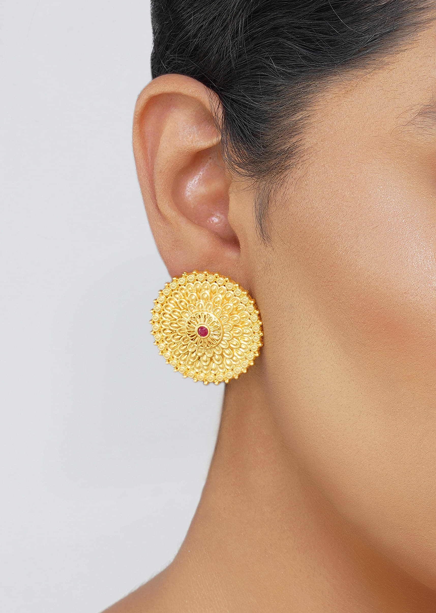 Antique Gold Floral Stud Earrings With Red Zircon Accents