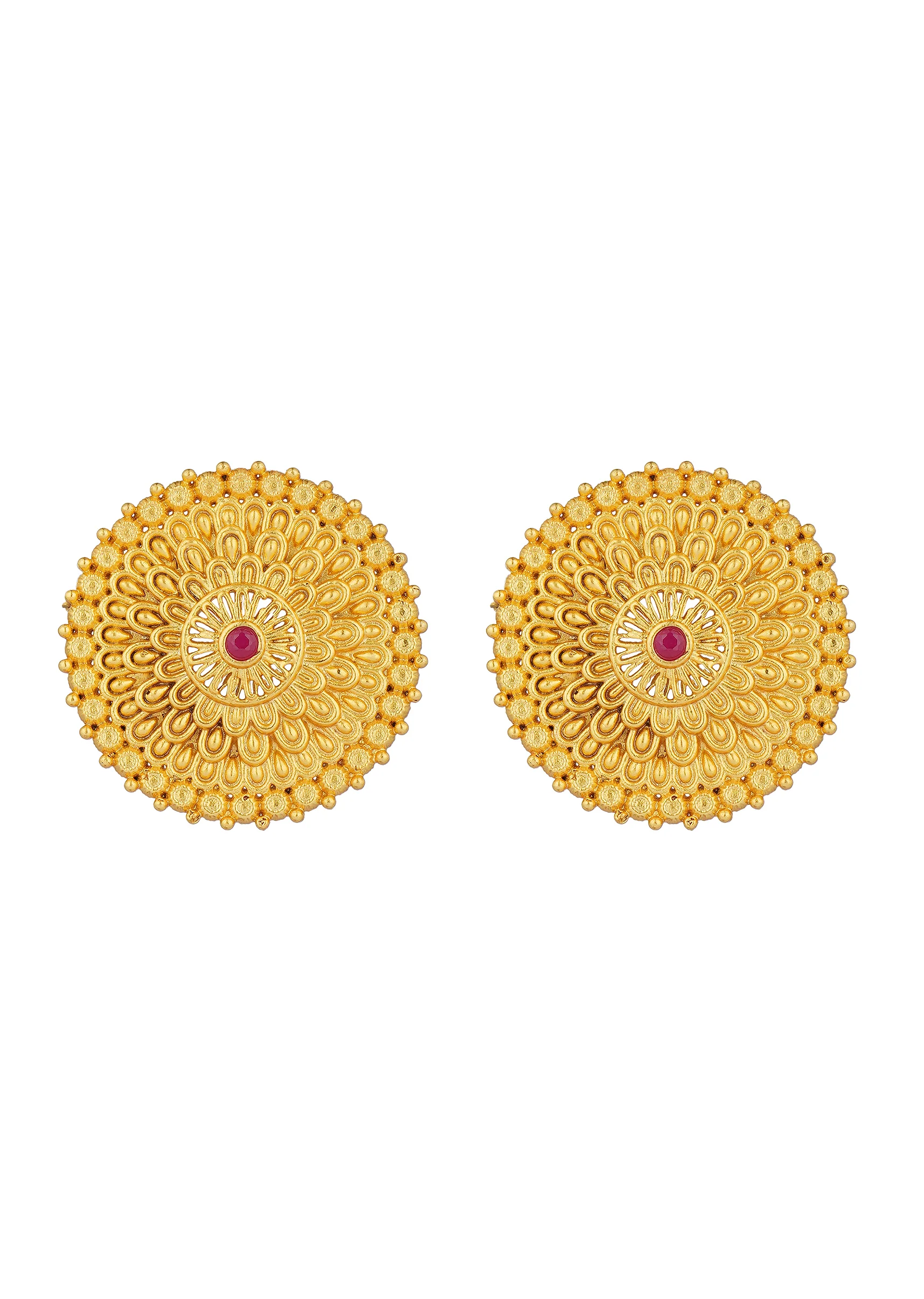 Antique Gold Floral Stud Earrings With Red Zircon Accents - Image 2
