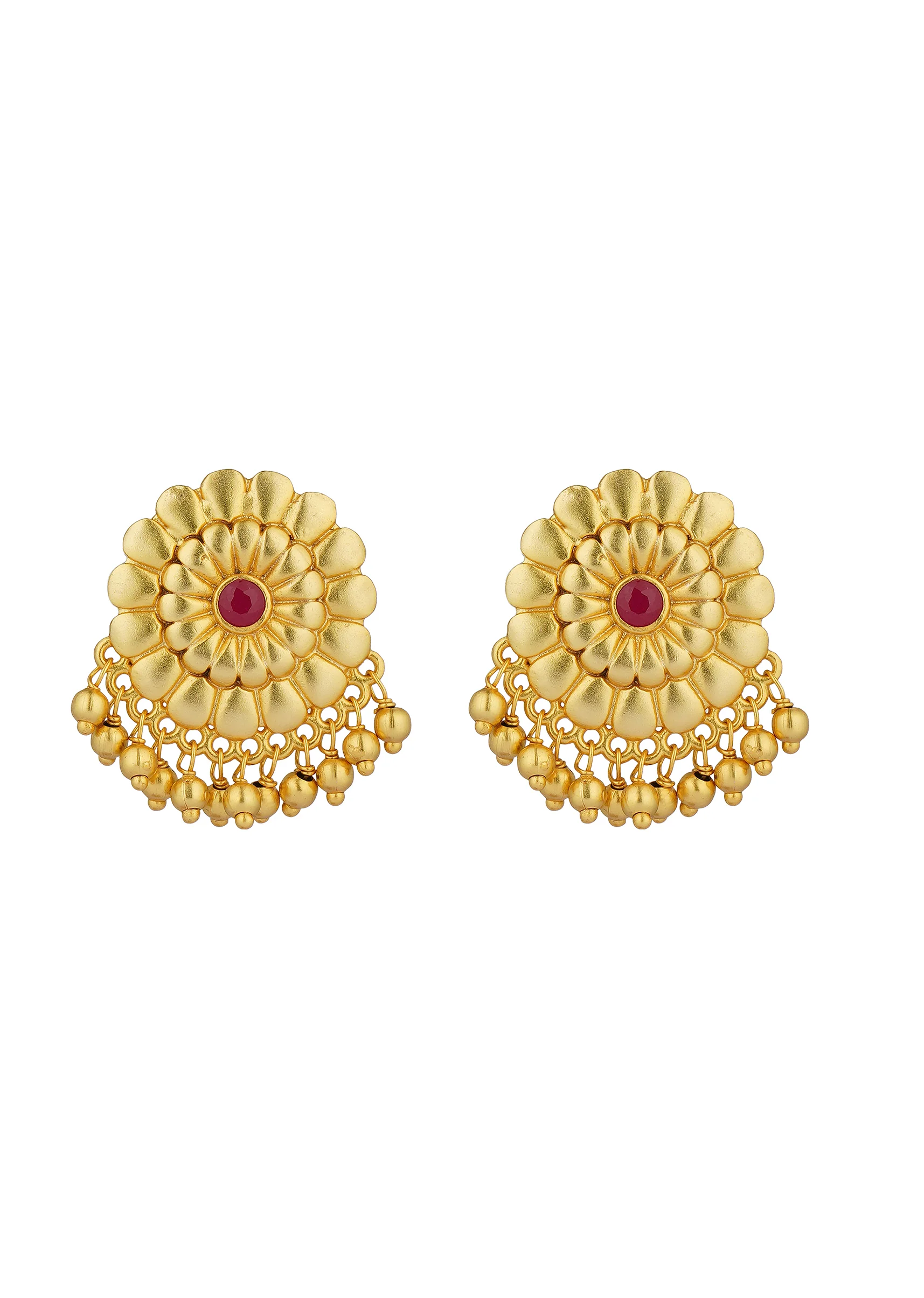 Antique Gold Floral Stud Earrings With Red Zircon Detailing - Image 2