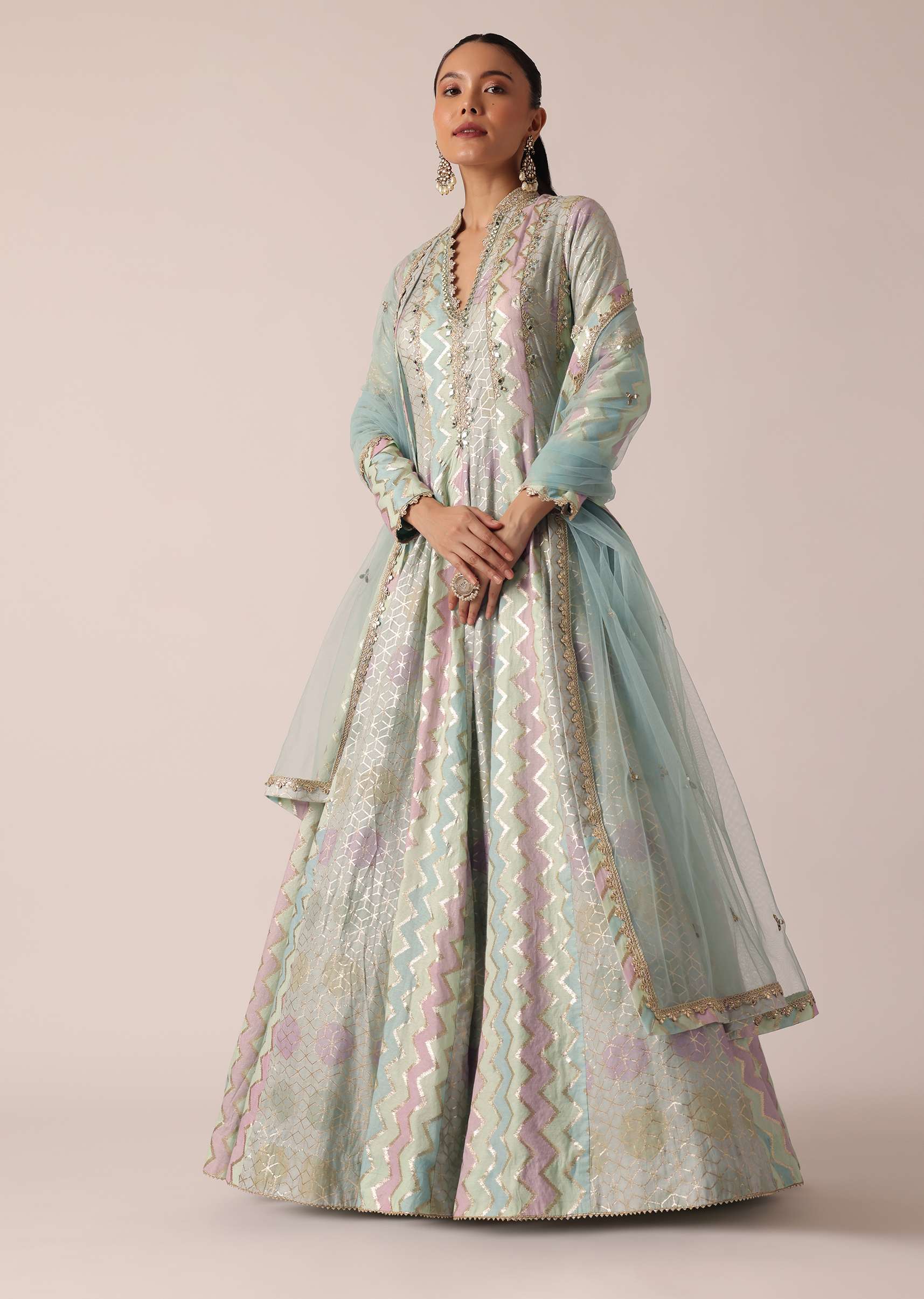 Aqua Blue Chanderi Anarkali Set With Brocade Detail - Image 5