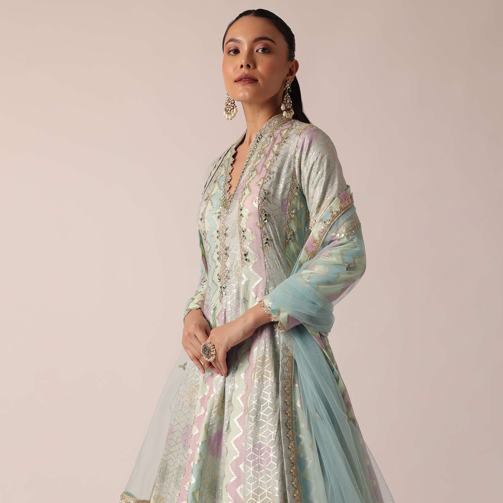 Aqua Blue Chanderi Anarkali Set With Brocade Detail - Image 7