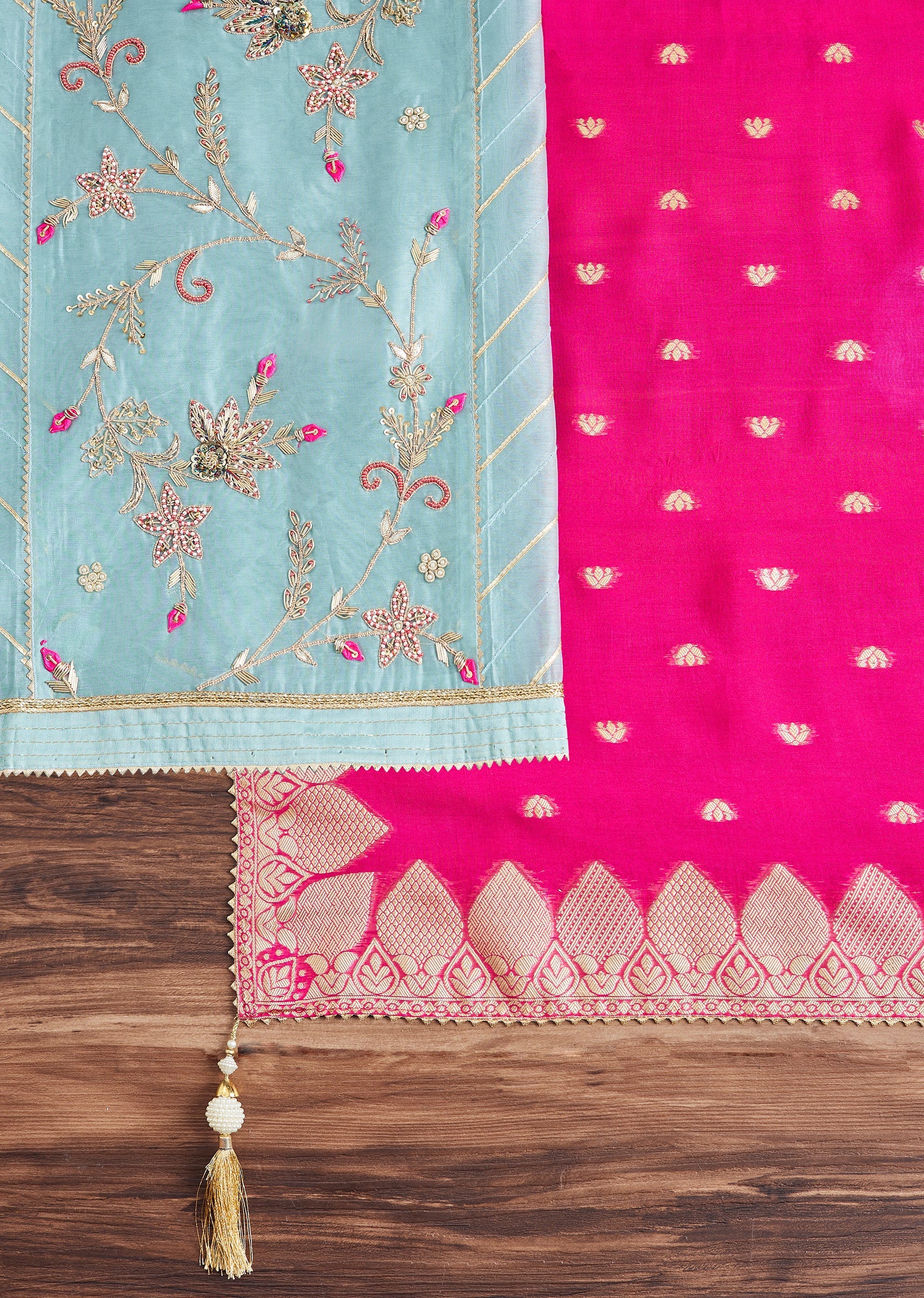 Aqua Blue Chanderi Unstitched Suit With Contrast Dupatta - Image 4