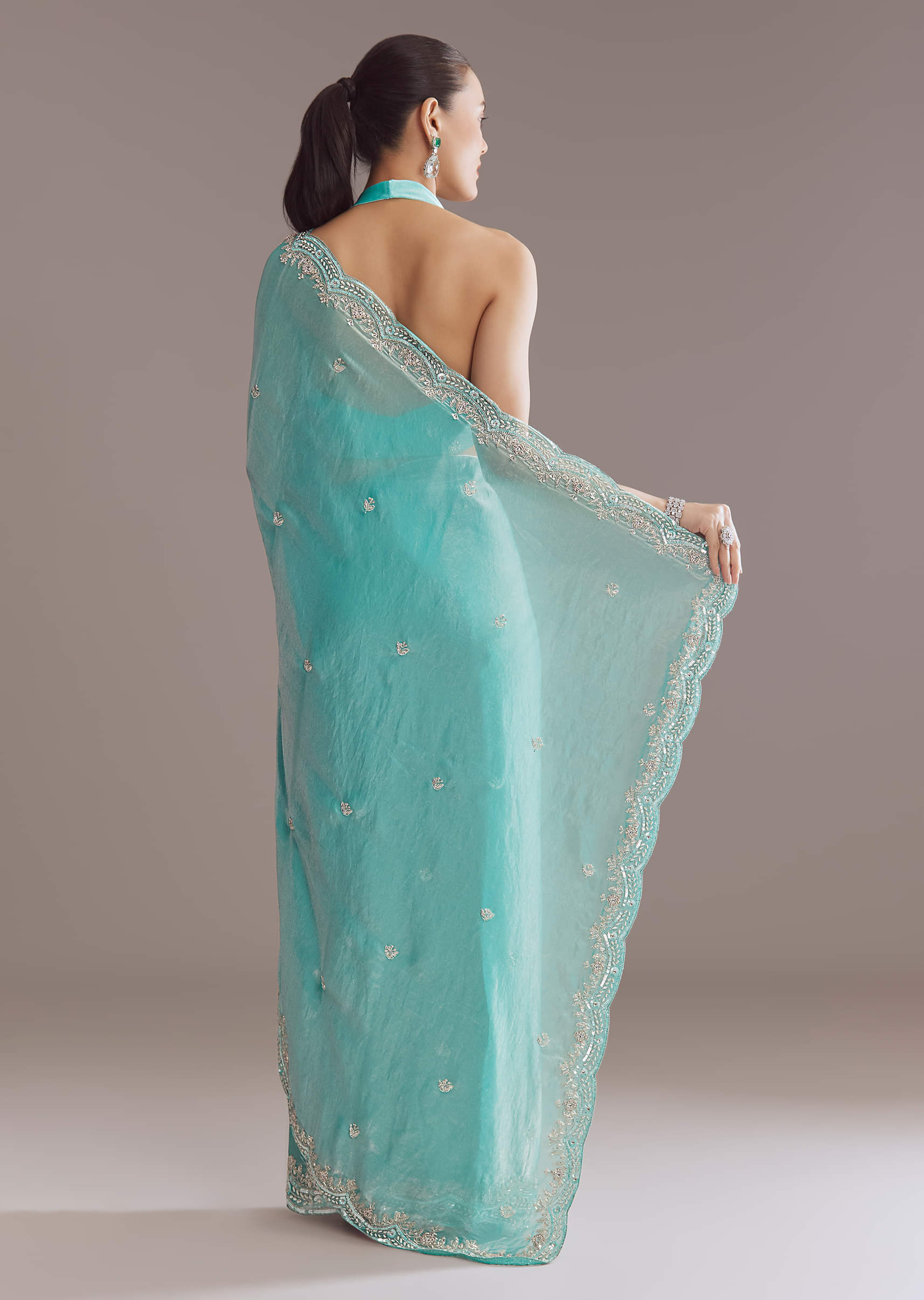 Aqua Blue Chinon Saree With Floral Embroidery - Image 3