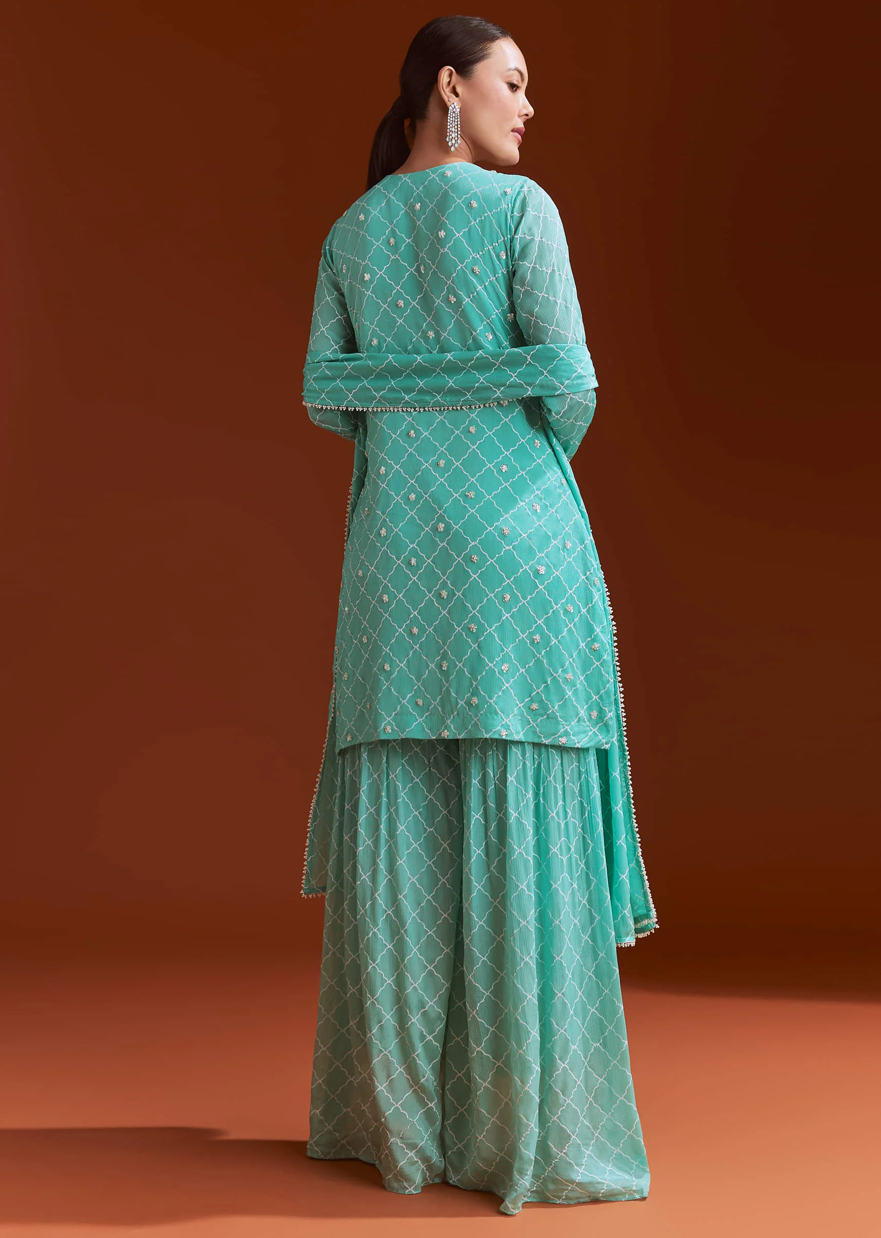 Aqua Blue Chinon Sharara Set With Cutdana And Sequins - Image 5