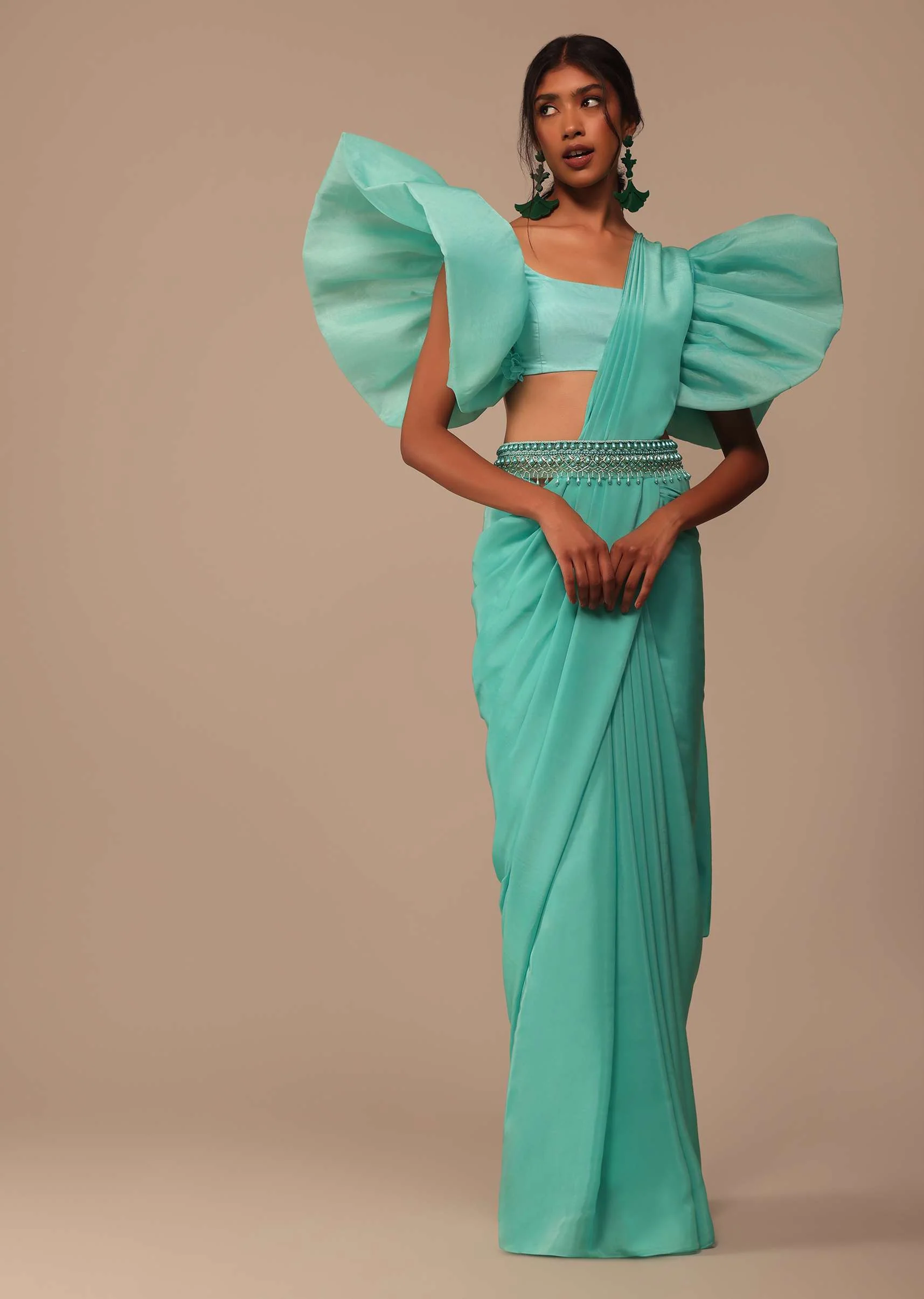 Aqua Blue Crepe Saree With Fancy Sleeves Organza Blouse - Image 3