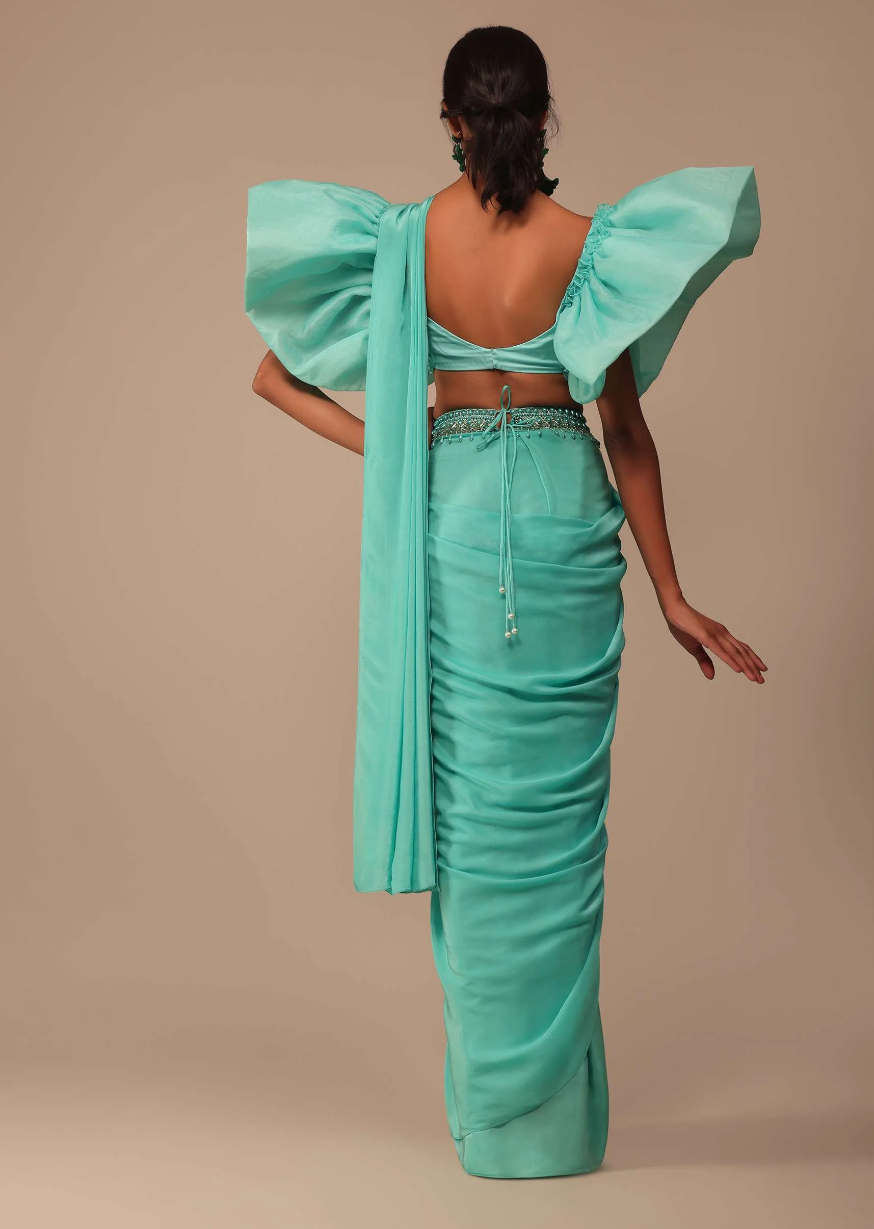 Aqua Blue Crepe Saree With Fancy Sleeves Organza Blouse - Image 4