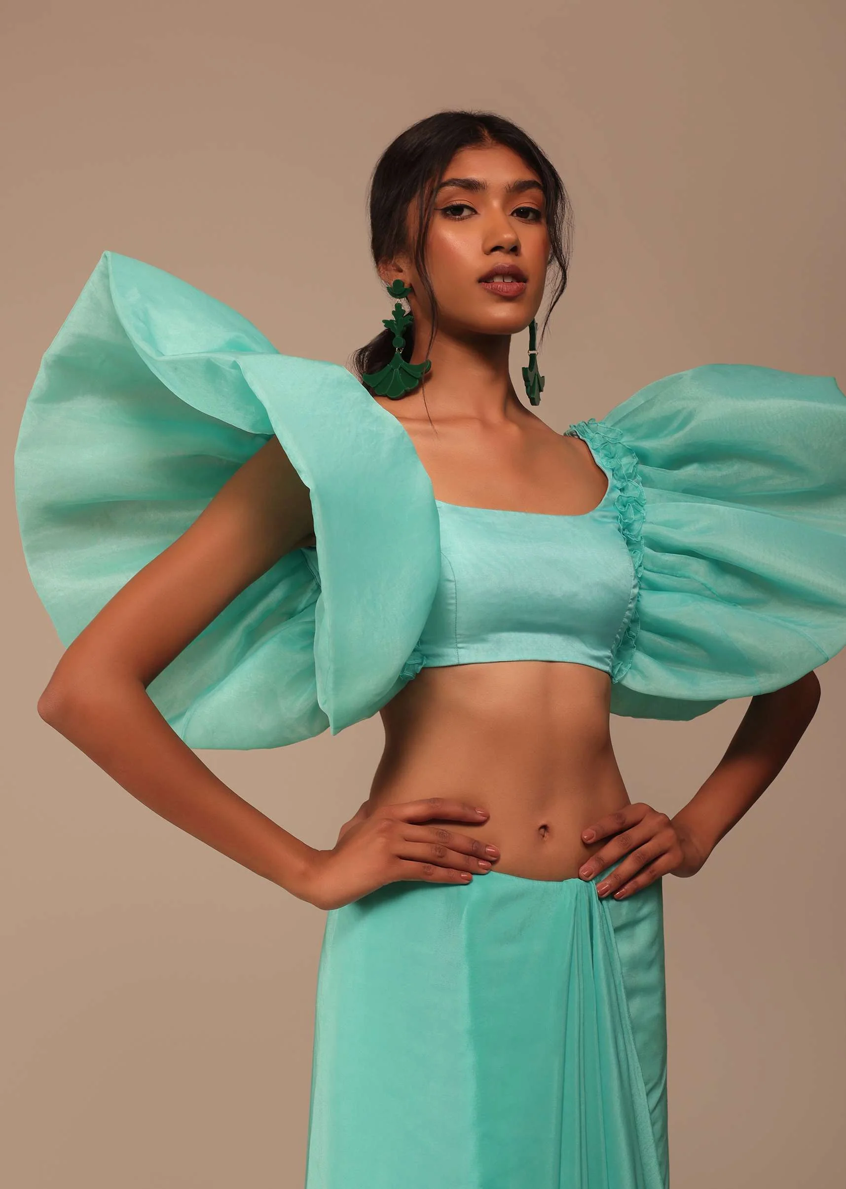 Aqua Blue Crepe Saree With Fancy Sleeves Organza Blouse - Image 5