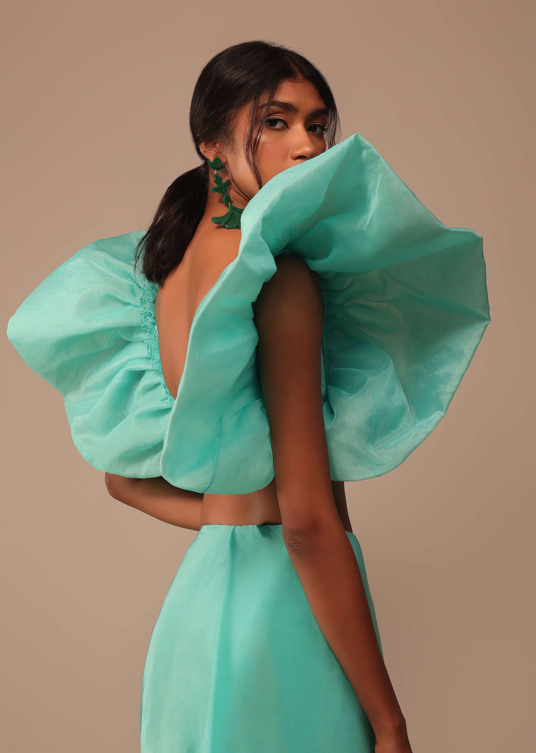 Aqua Blue Crepe Saree With Fancy Sleeves Organza Blouse - Image 7