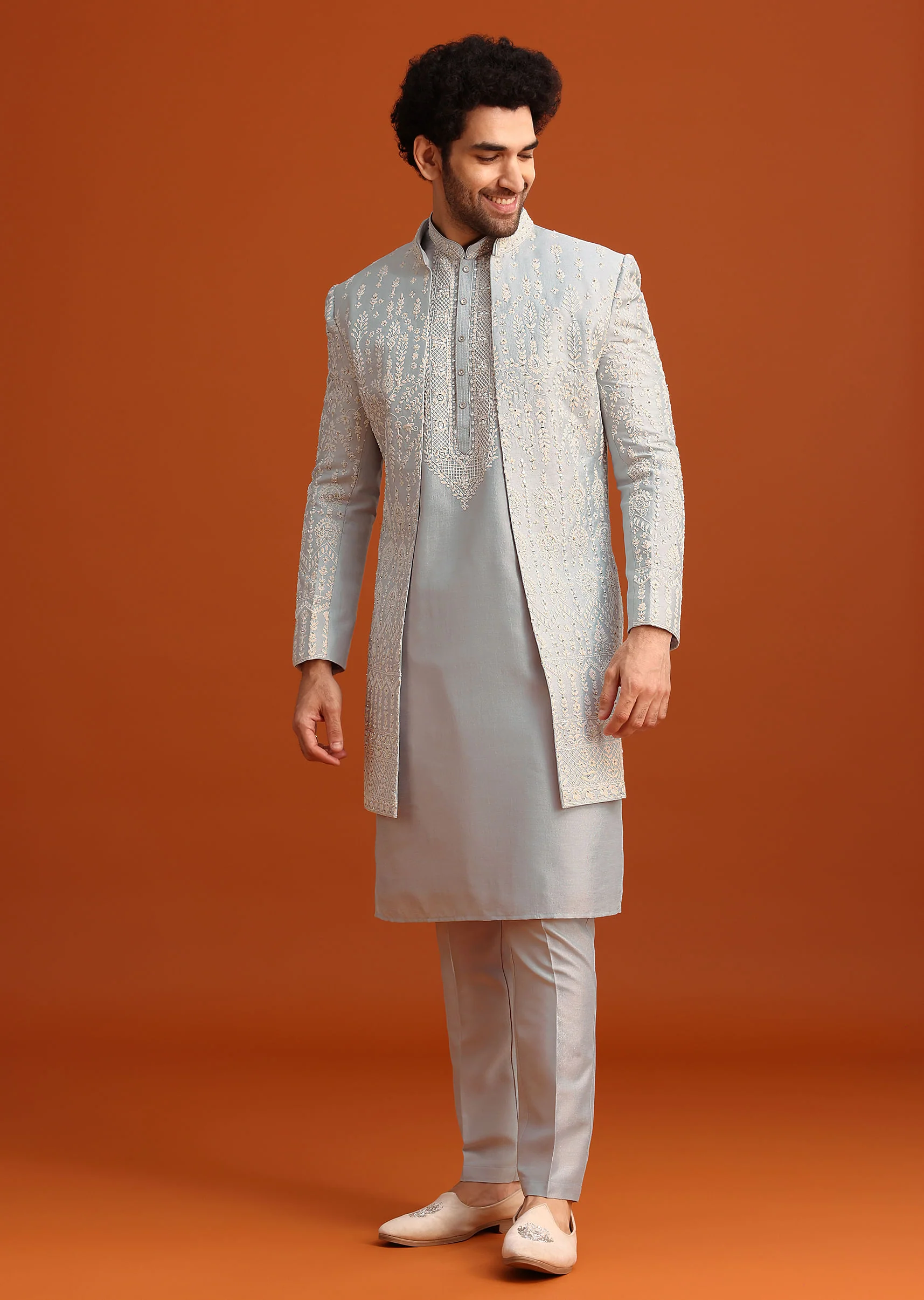 Aqua Blue Hand Embroidered Sherwani Set - Image 2