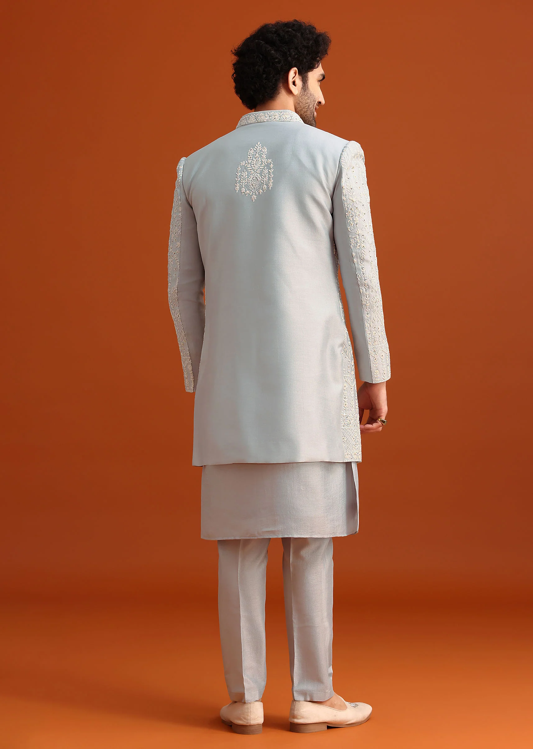 Aqua Blue Hand Embroidered Sherwani Set - Image 5