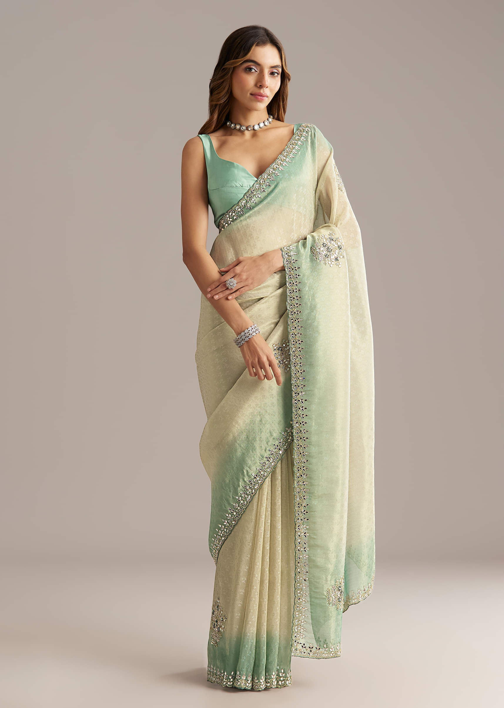 Aqua Blue Jacquard Saree With Mirror And Bead Embroidery - Image 3