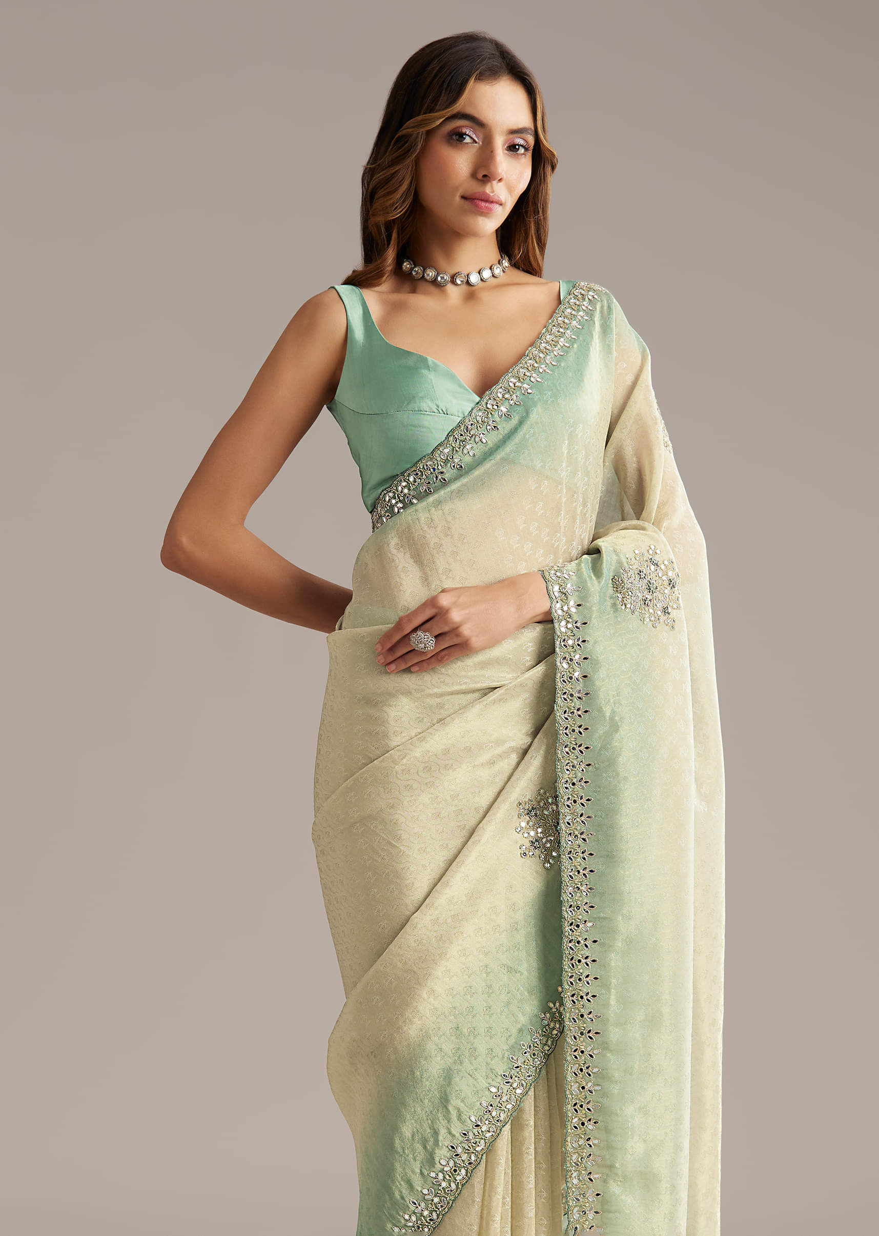 Aqua Blue Jacquard Saree With Mirror And Bead Embroidery - Image 4