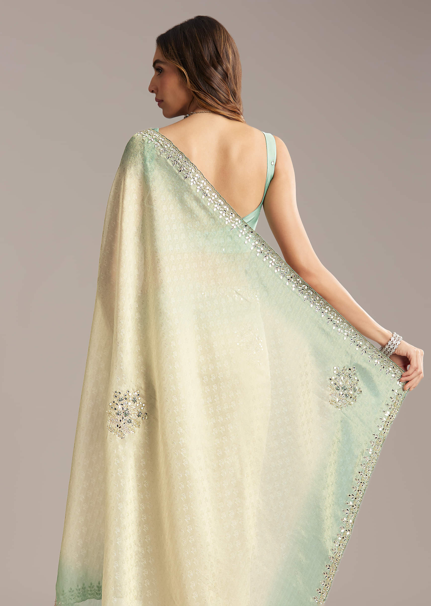 Aqua Blue Jacquard Saree With Mirror And Bead Embroidery - Image 5