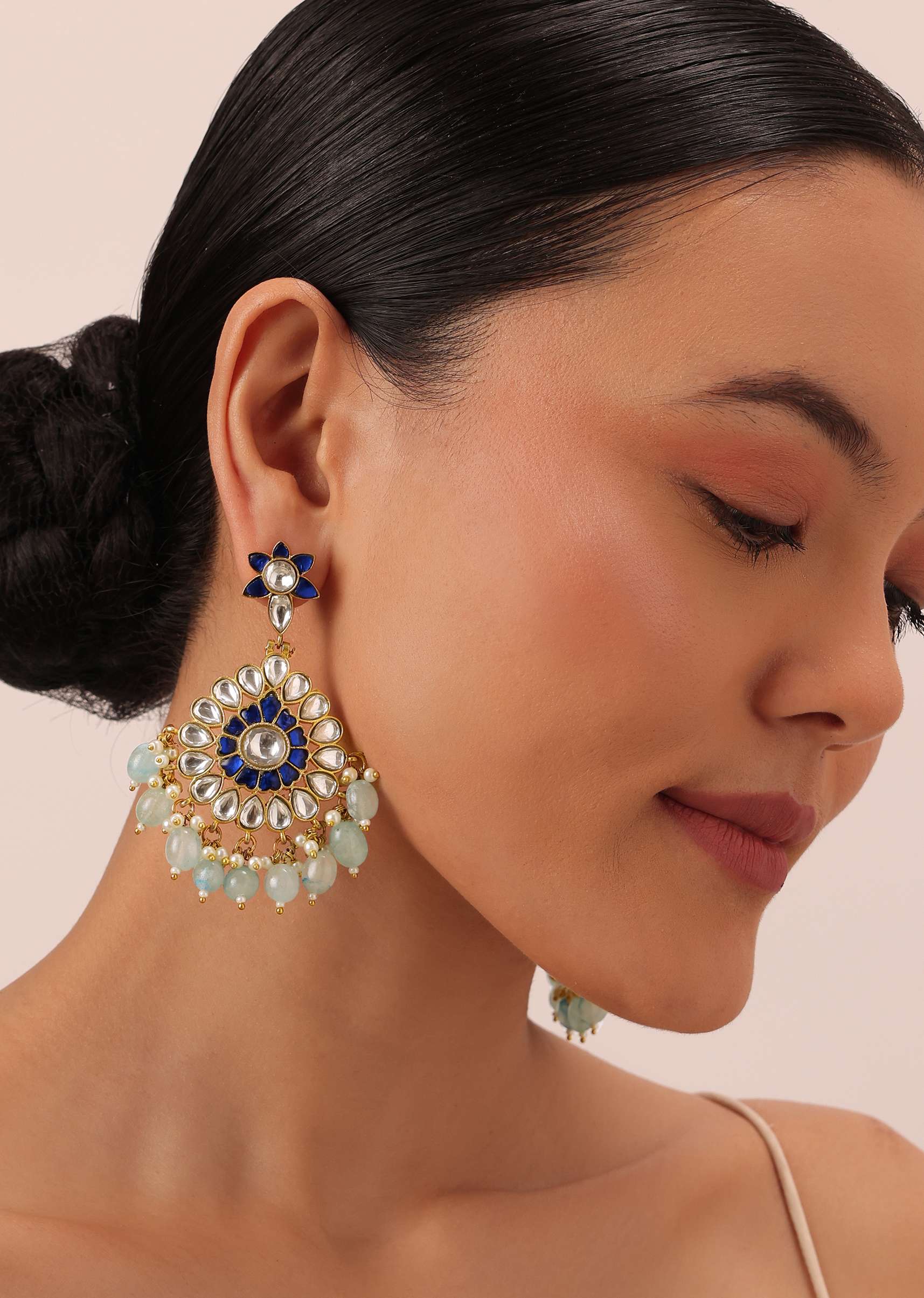 Aqua Blue Kundan Danglers With Stone Drops - Image 4