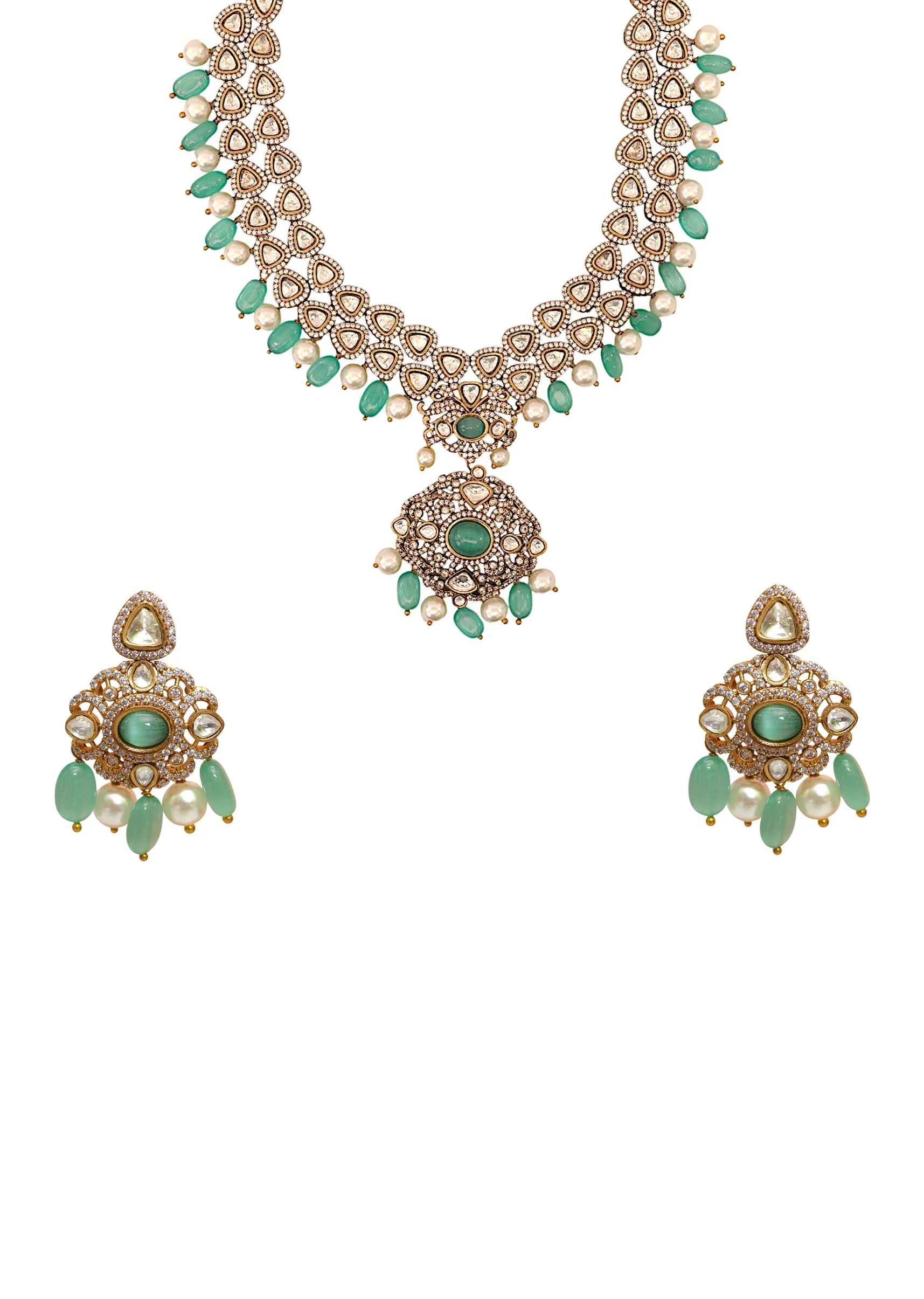 Aqua Blue Layered Modern Polki Pendant Necklace Set - Image 2
