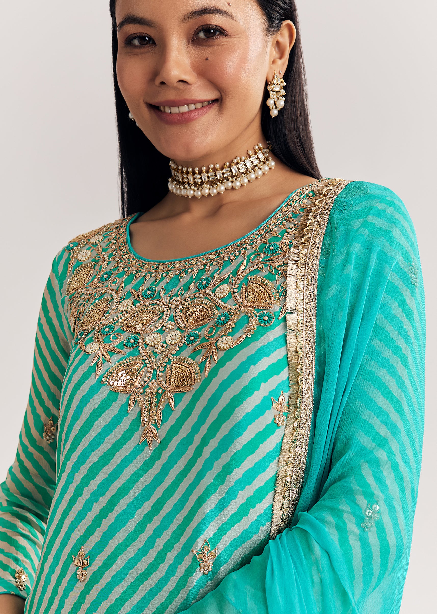 Aqua Blue Leheriya Kurta Palazzo Suit With Zardosi And Moti Work - Image 2
