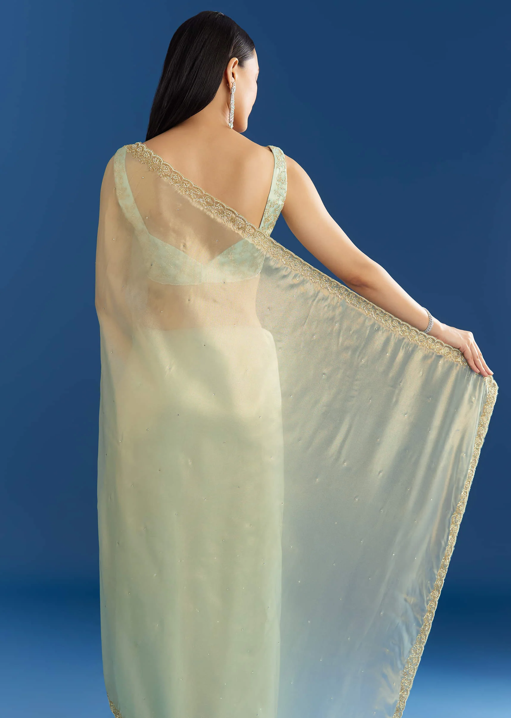 Aqua Blue Organza Tissue Embellishd Saree With Scallop Border - Image 4