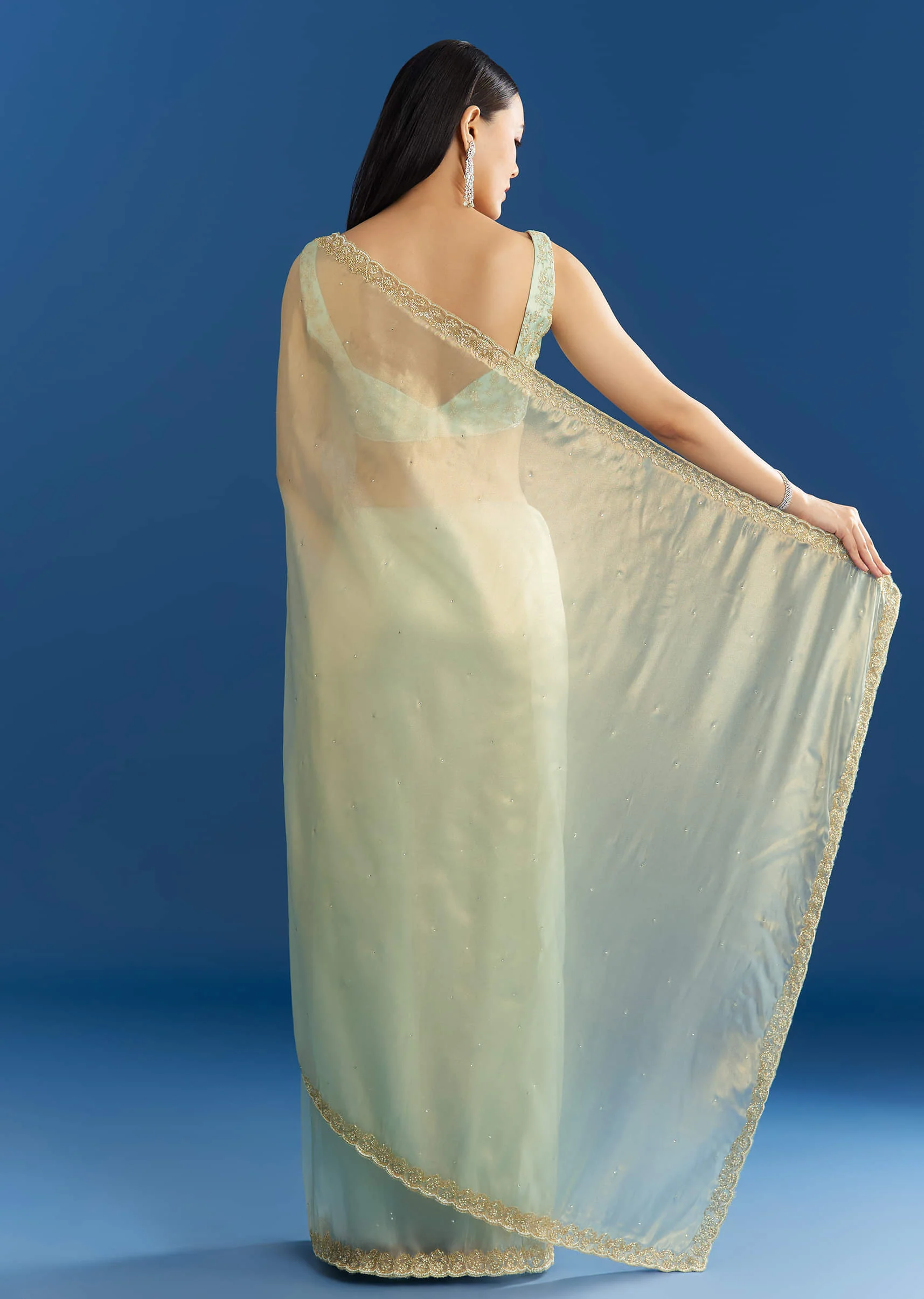 Aqua Blue Organza Tissue Embellishd Saree With Scallop Border - Image 6