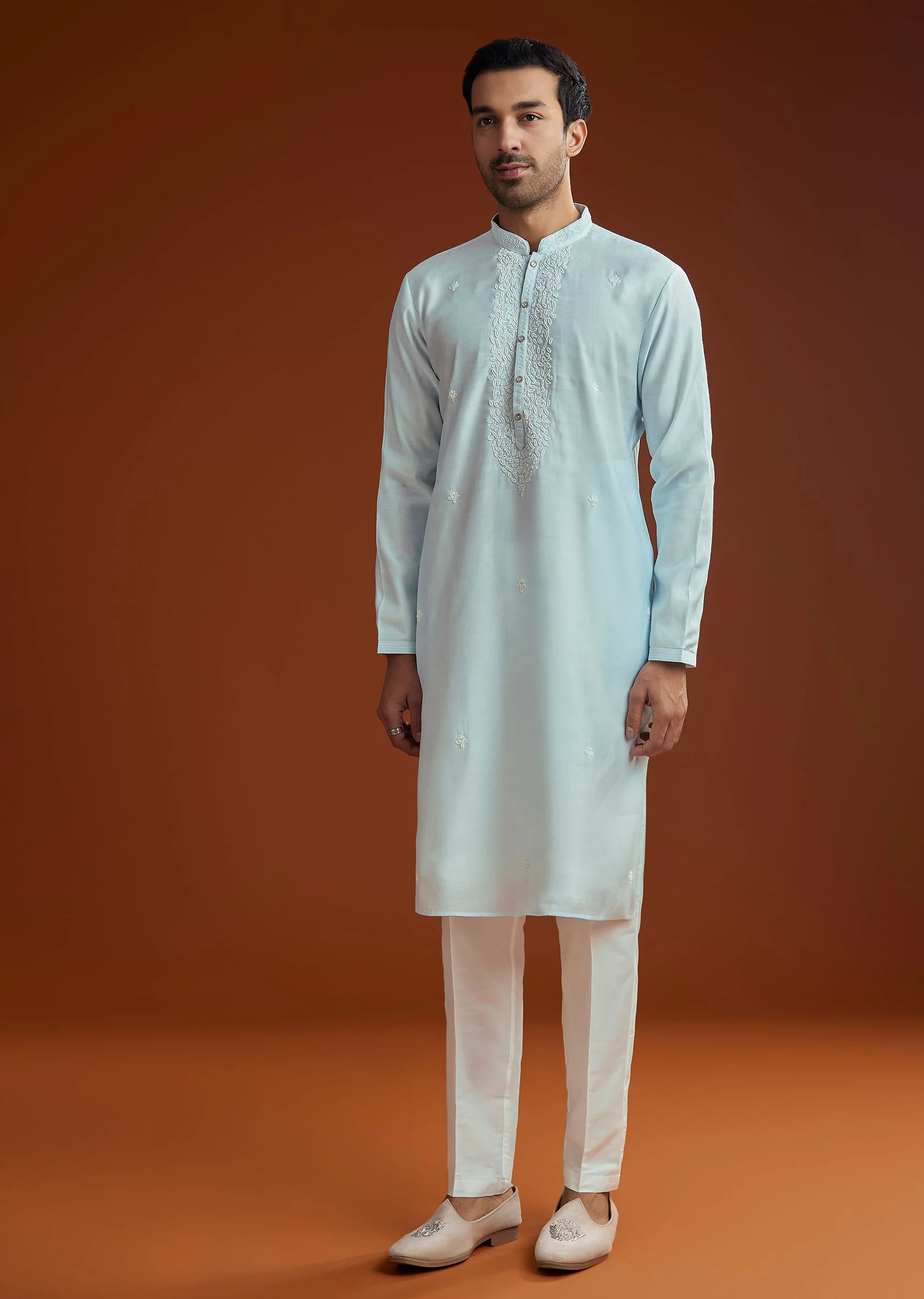 Aqua Blue Silk Embroidered Kurta Set - Image 2