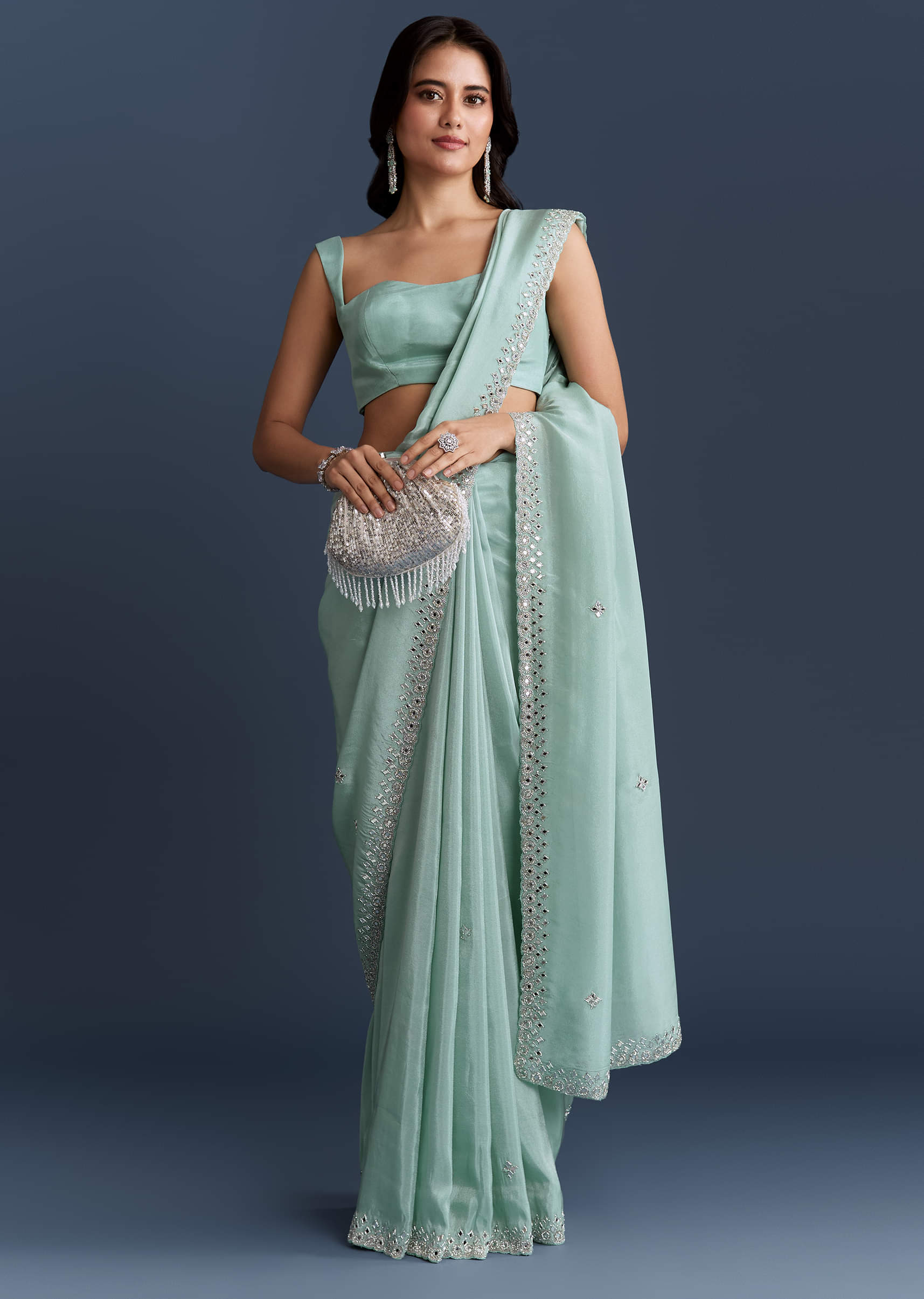 Aqua Blue Tissue Saree With Heavy Hand Embroidery