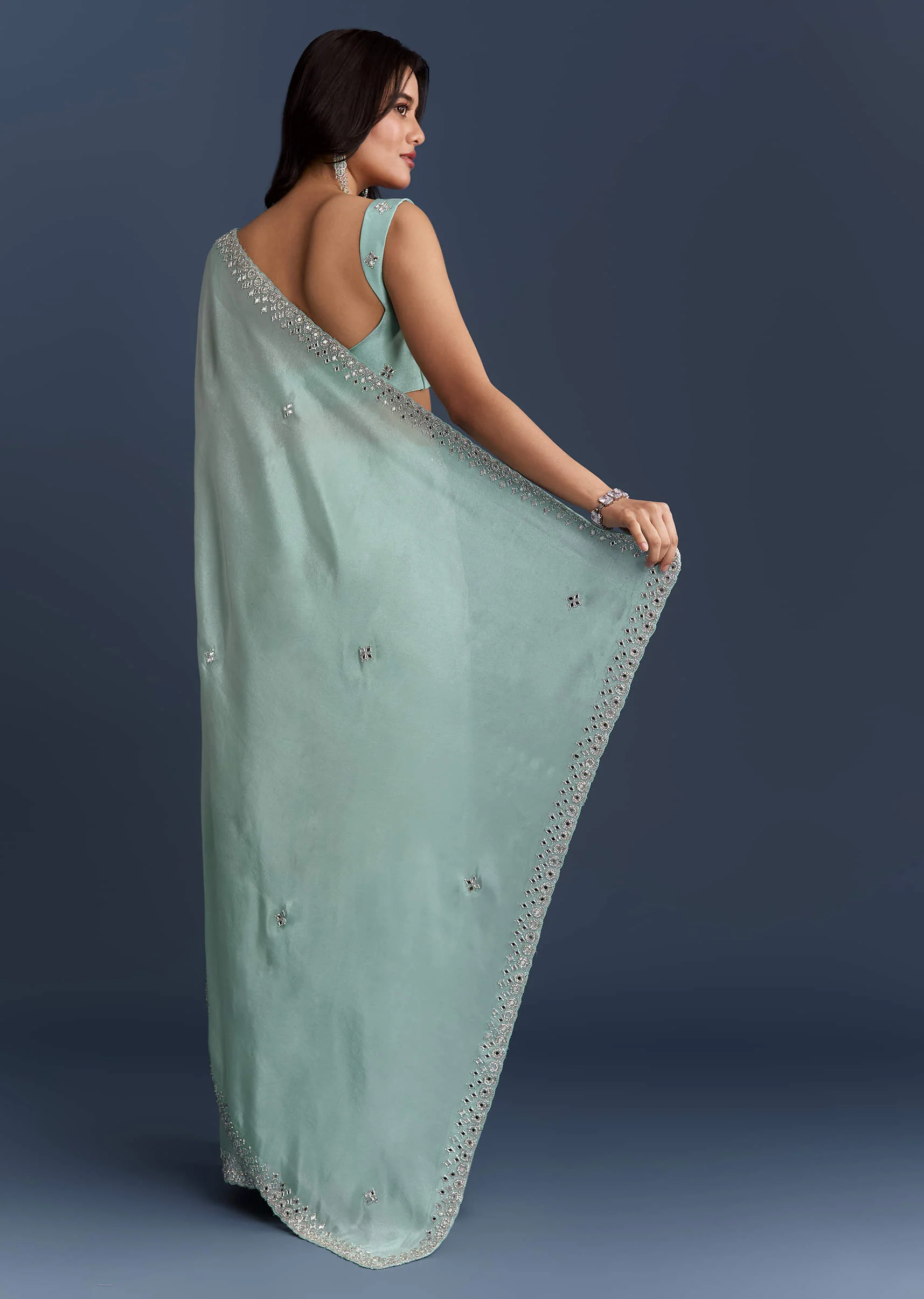 Aqua Blue Tissue Saree With Heavy Hand Embroidery - Image 4