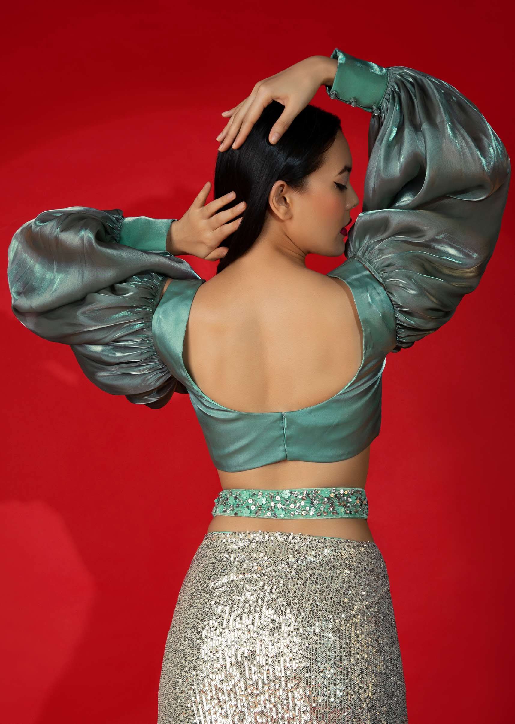 Aqua Green And Grey Organza Blouse With Elaborate Balloon Sleeves. - Image 2