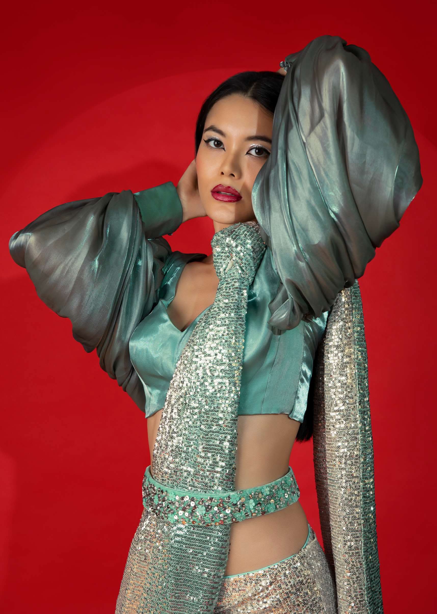 Aqua Green And Grey Organza Blouse With Elaborate Balloon Sleeves. - Image 4