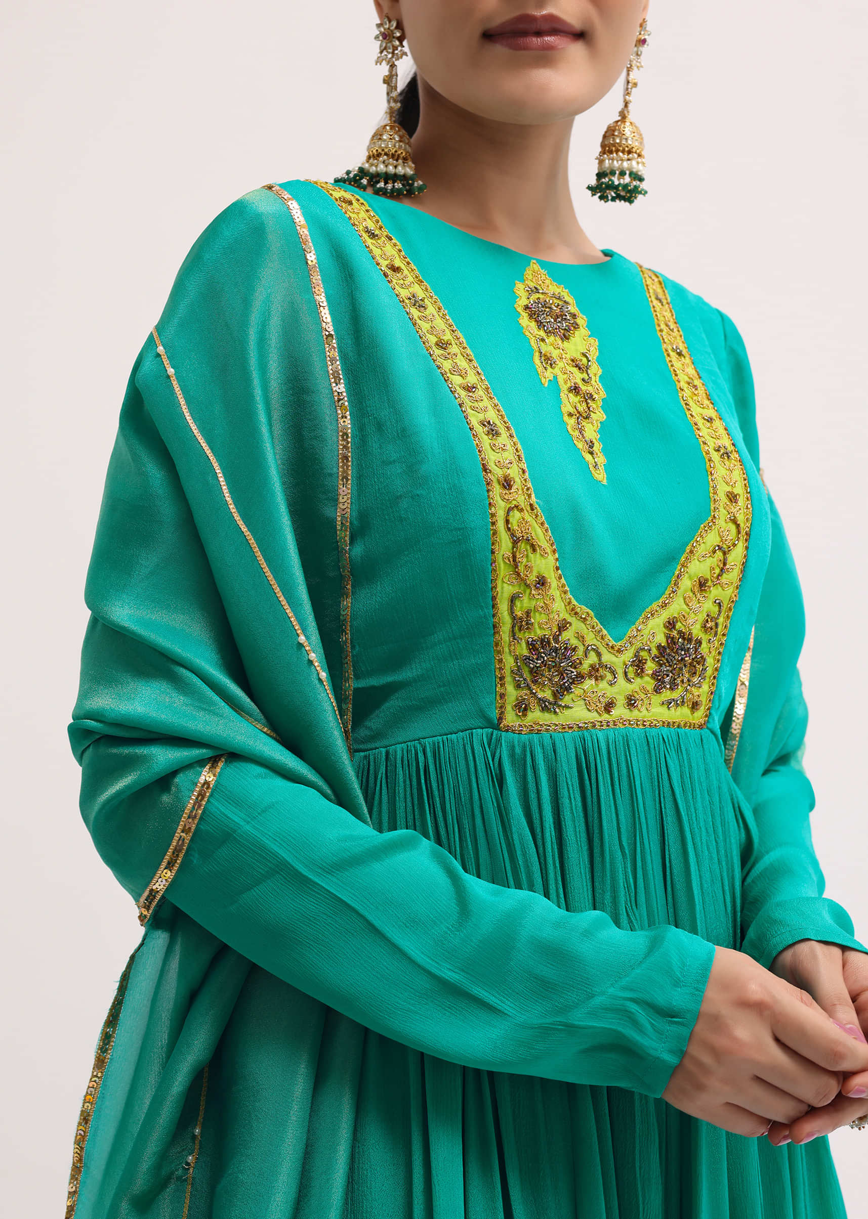 Aqua Green Chiffon Anarkali With Tissue Dupatta - Image 2