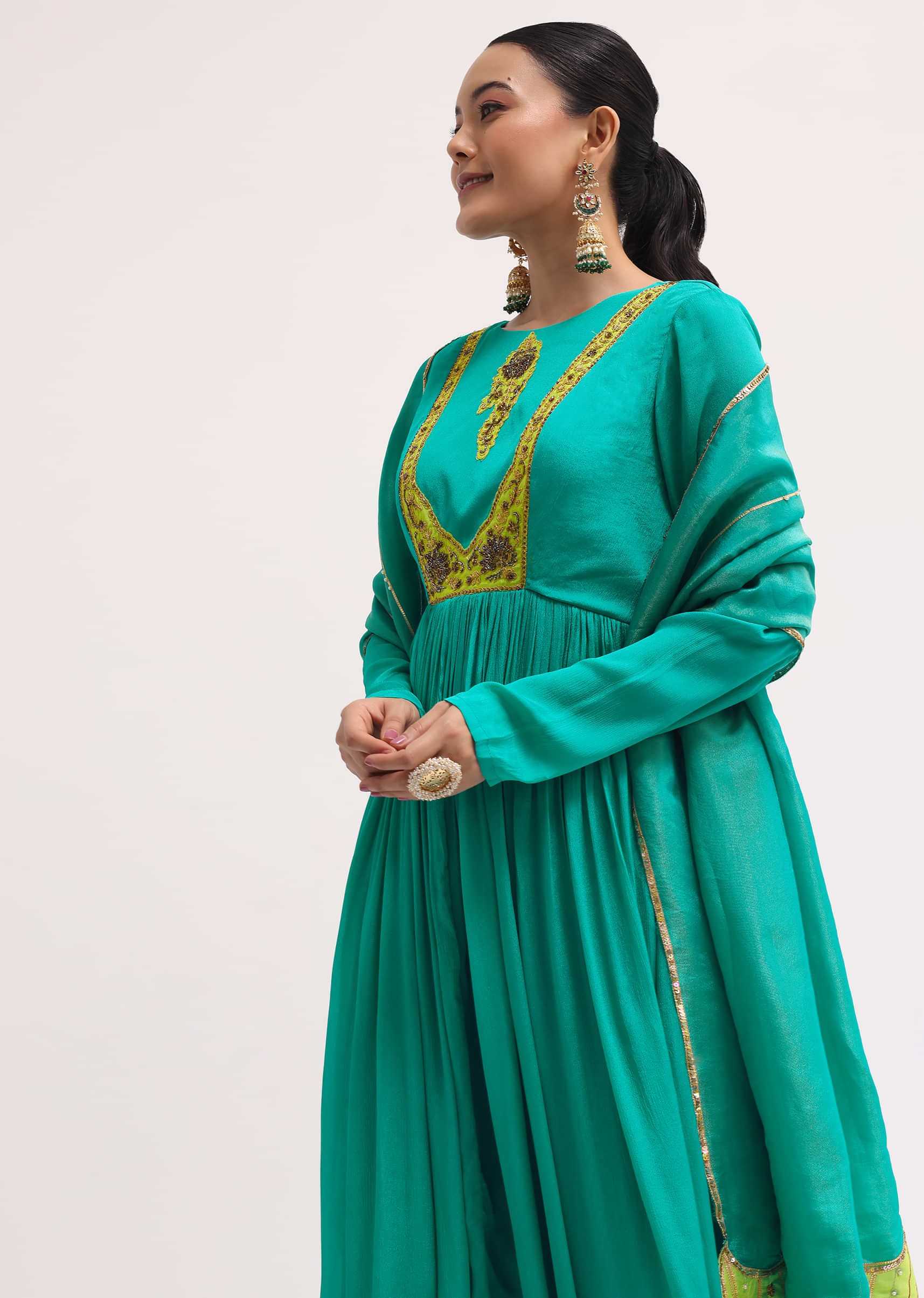 Aqua Green Chiffon Anarkali With Tissue Dupatta - Image 4