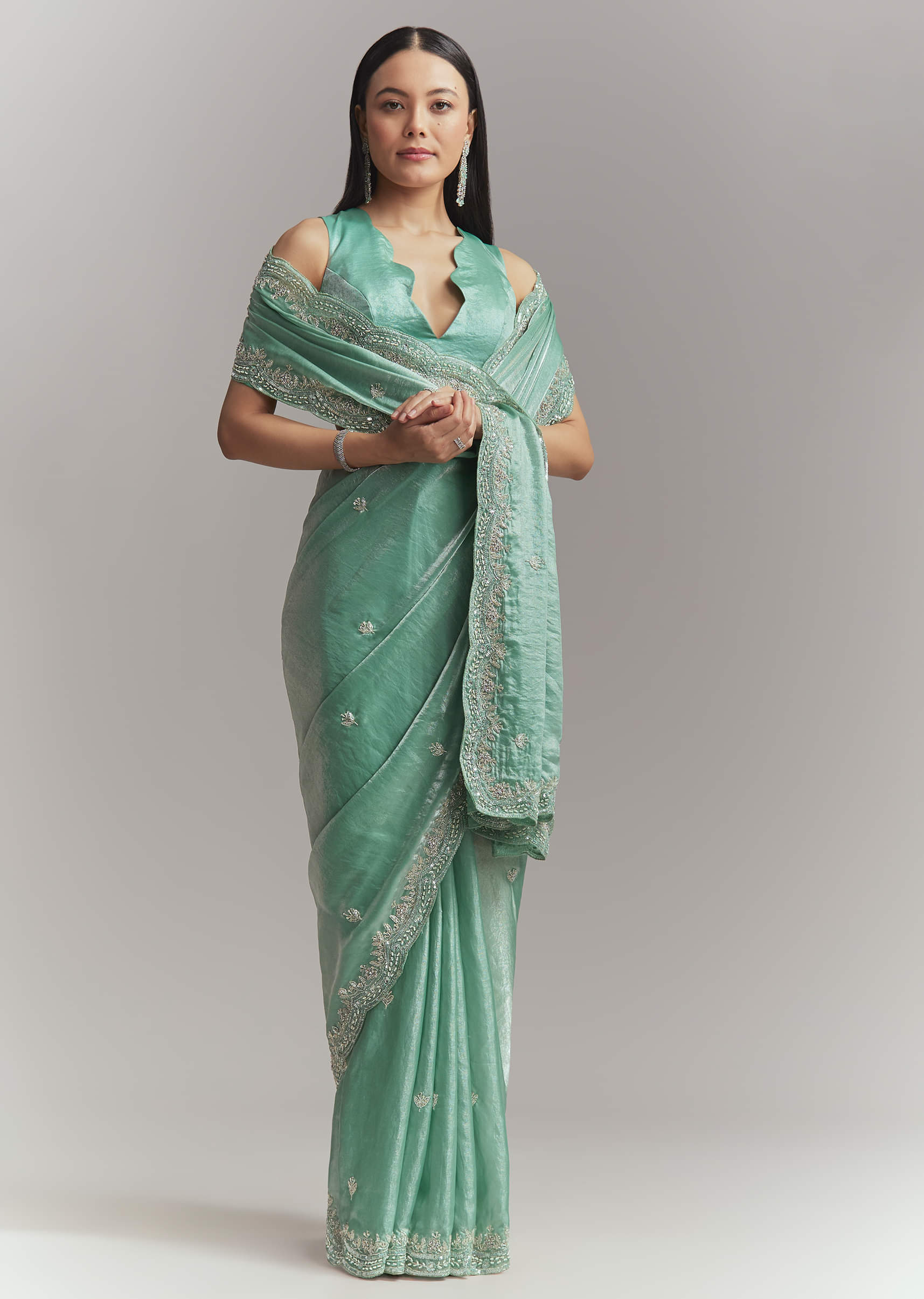 Aqua Green Chinon Embroidered Saree With Floral Embroidery - Image 3