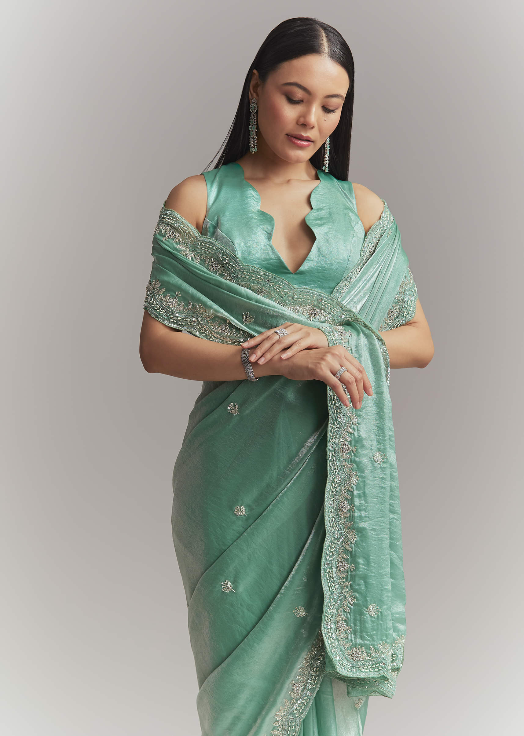 Aqua Green Chinon Embroidered Saree With Floral Embroidery - Image 4