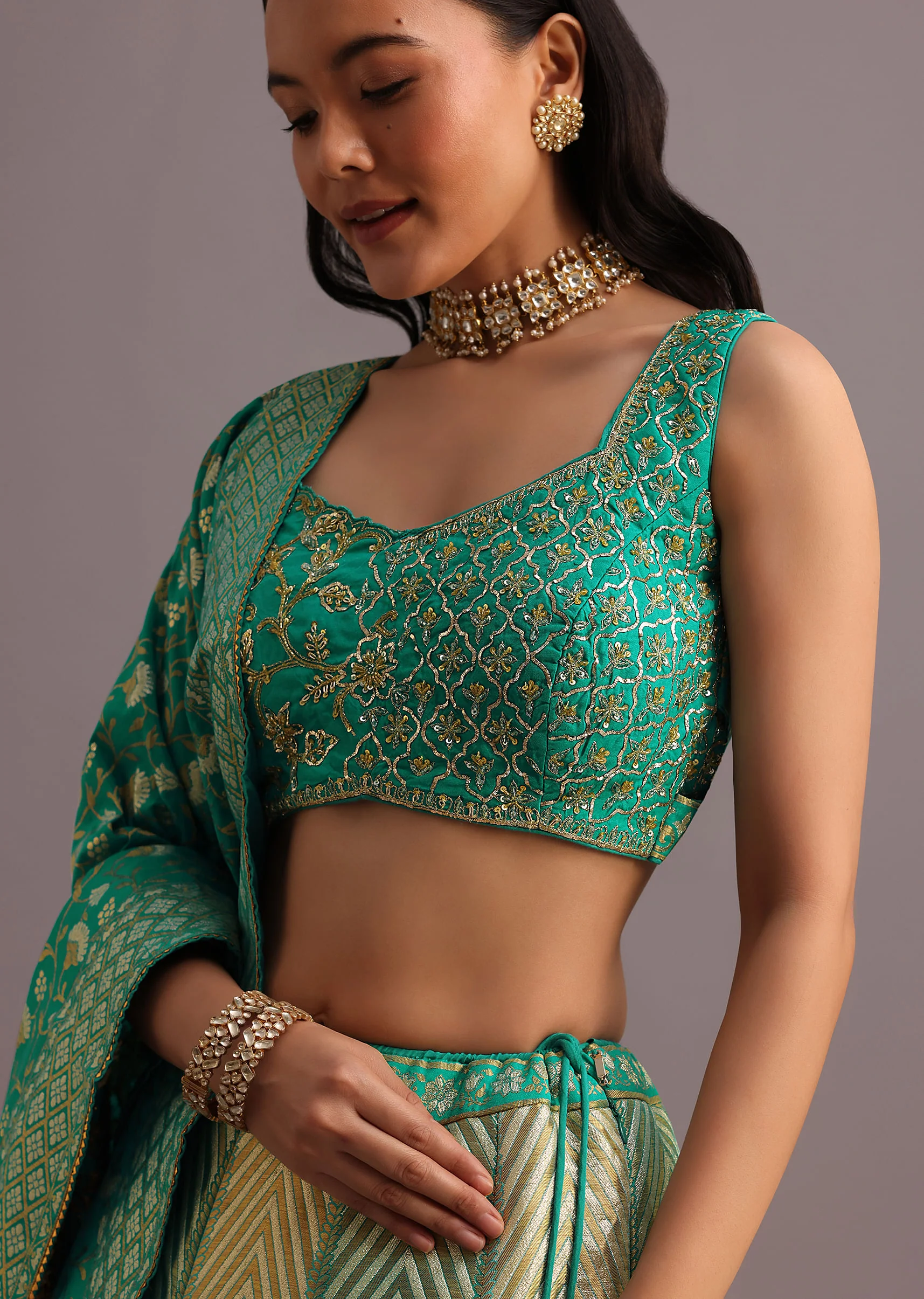 Aqua Green Embroidered Choli With Banarasi Weave Lehenga And Dupatta - Image 2