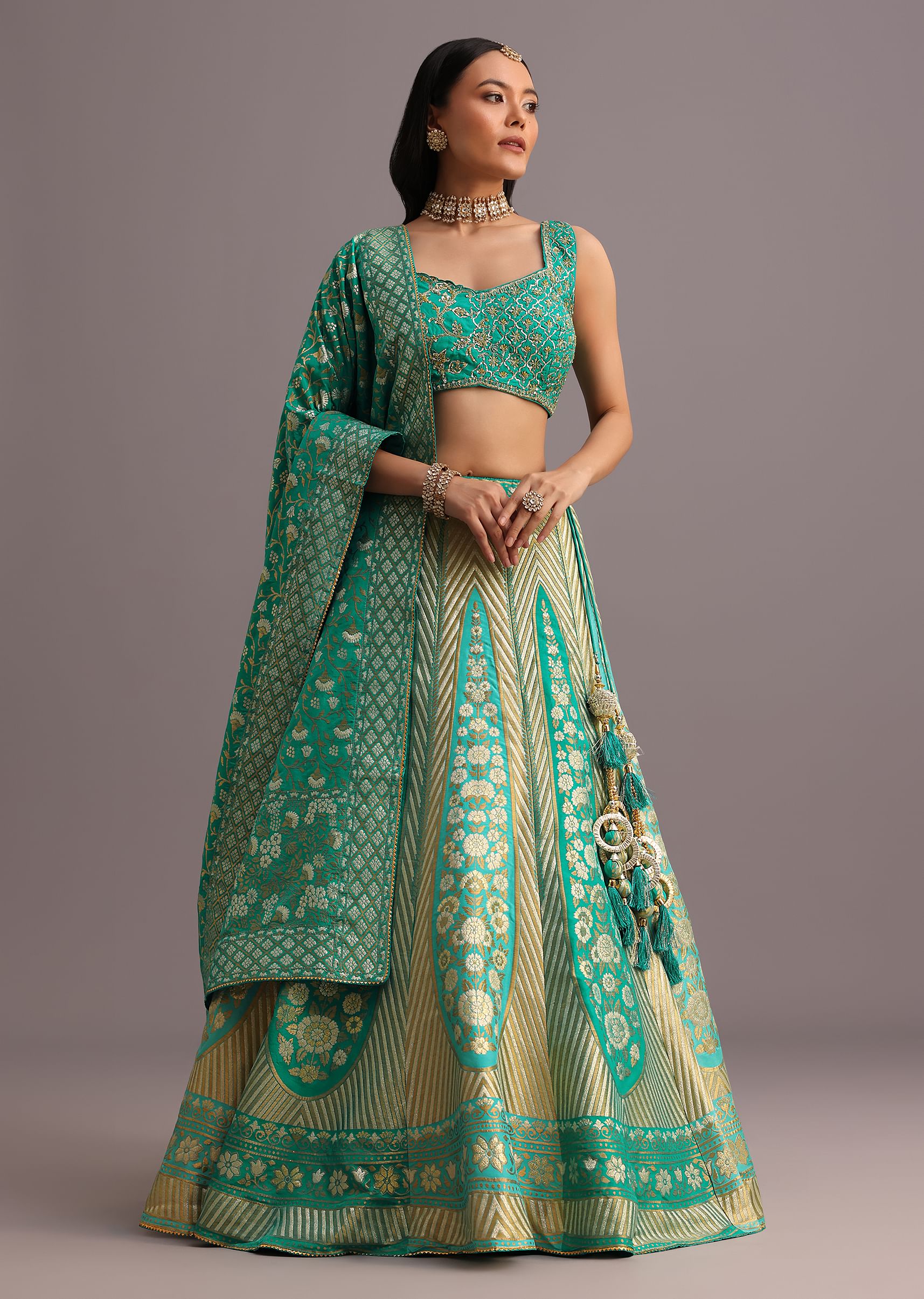 Aqua Green Embroidered Choli With Banarasi Weave Lehenga And Dupatta - Image 3