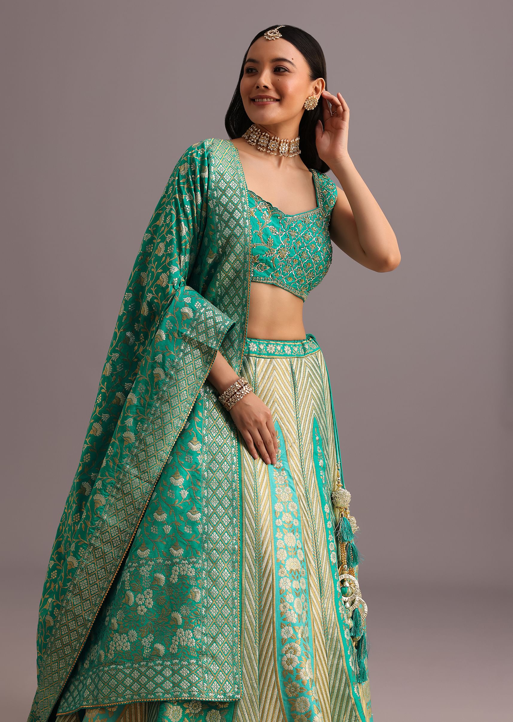 Aqua Green Embroidered Choli With Banarasi Weave Lehenga And Dupatta - Image 4