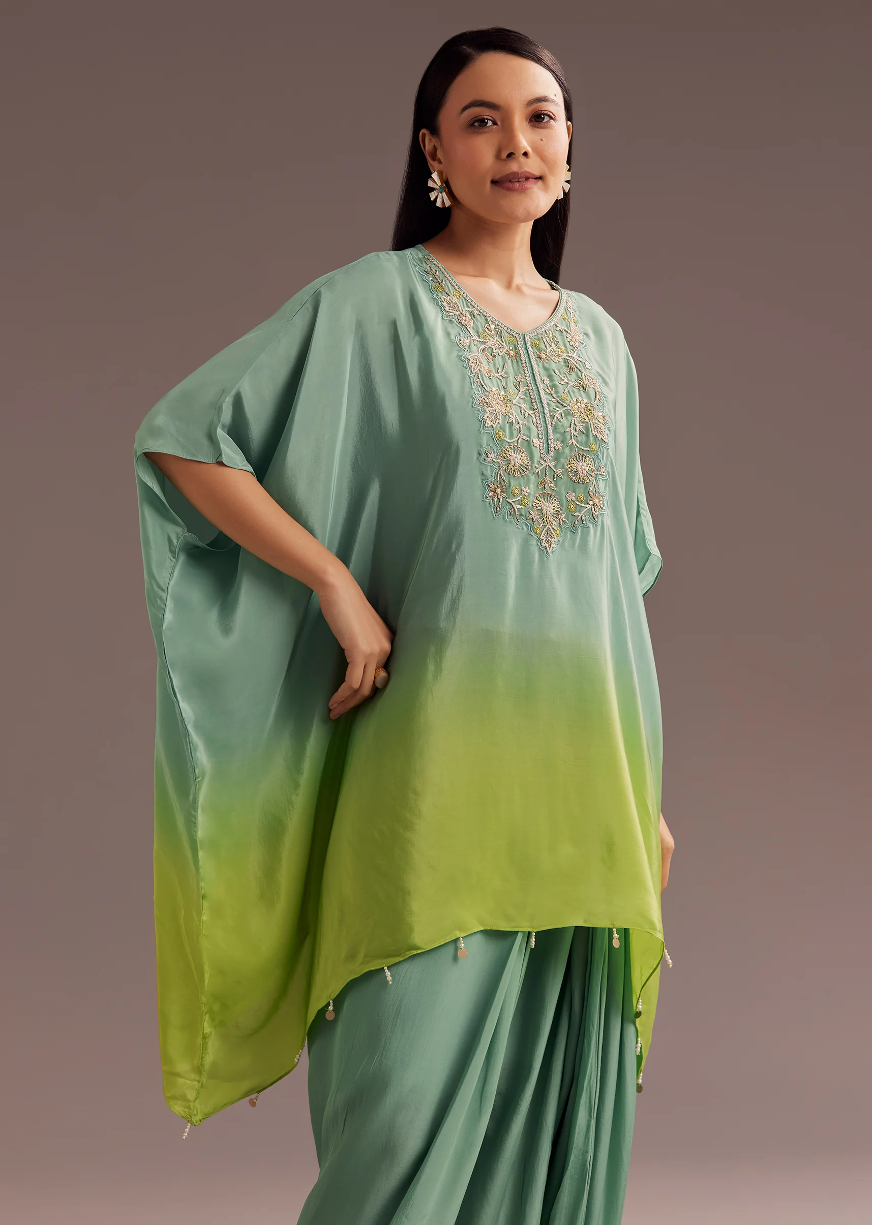 Aqua Green Ombre Moti Zardosi Kaftan Kurta Dhoti Set - Image 4