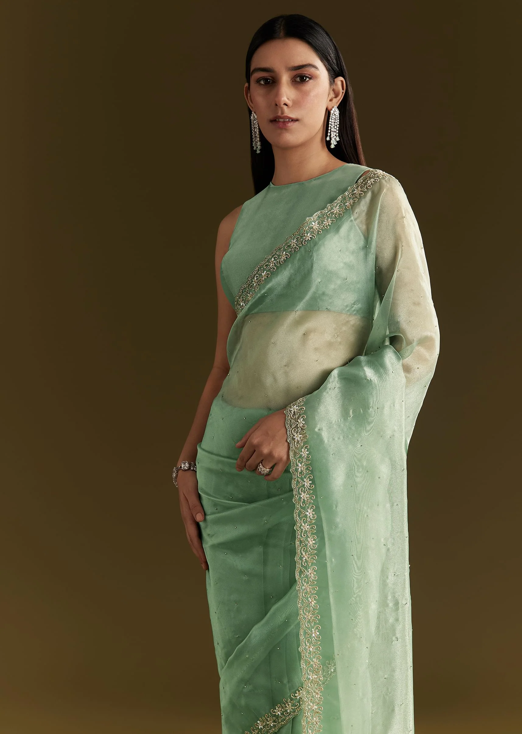 Aqua Green Organza Embroidered Saree With Scallop Border - Image 2