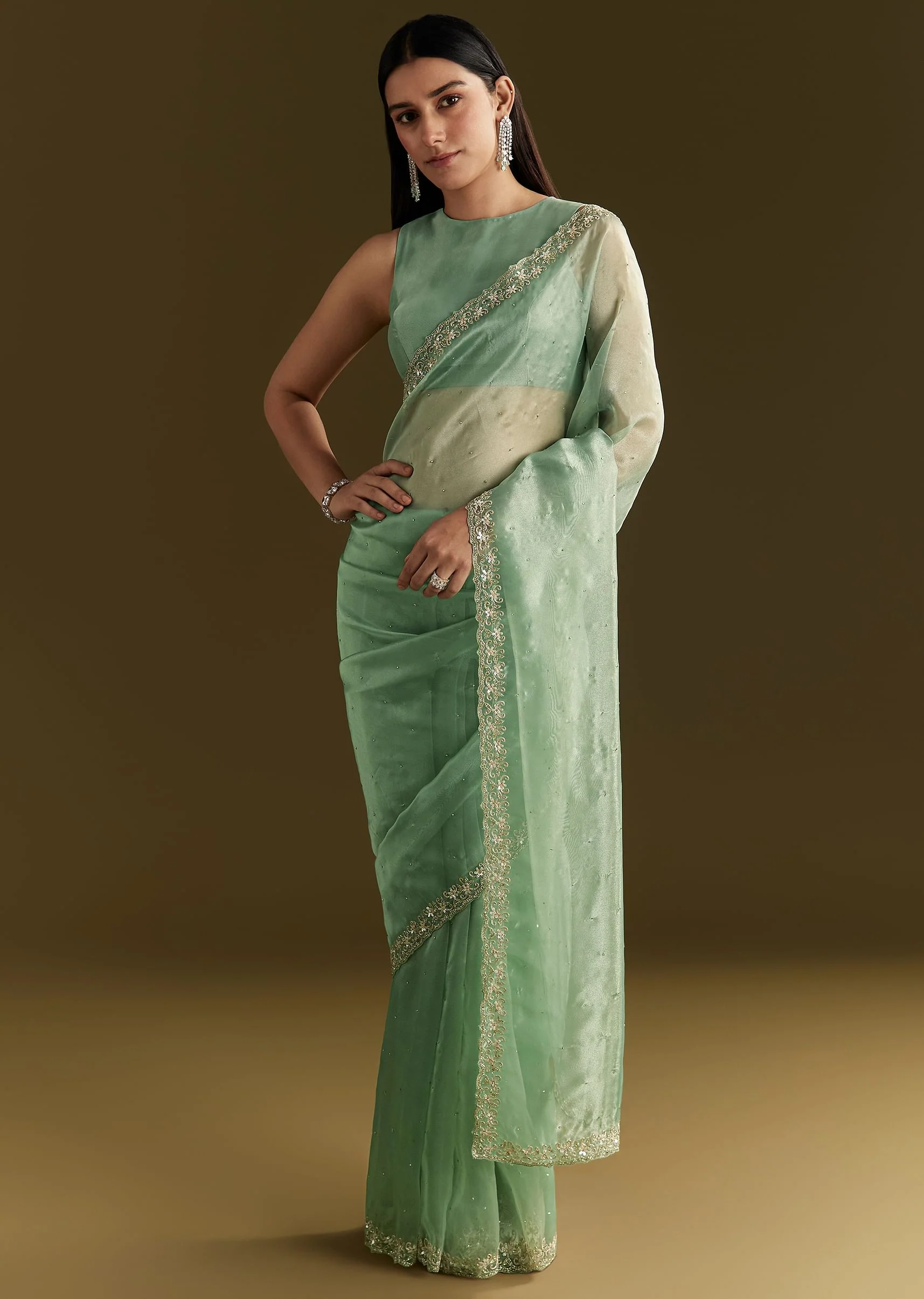 Aqua Green Organza Embroidered Saree With Scallop Border - Image 3