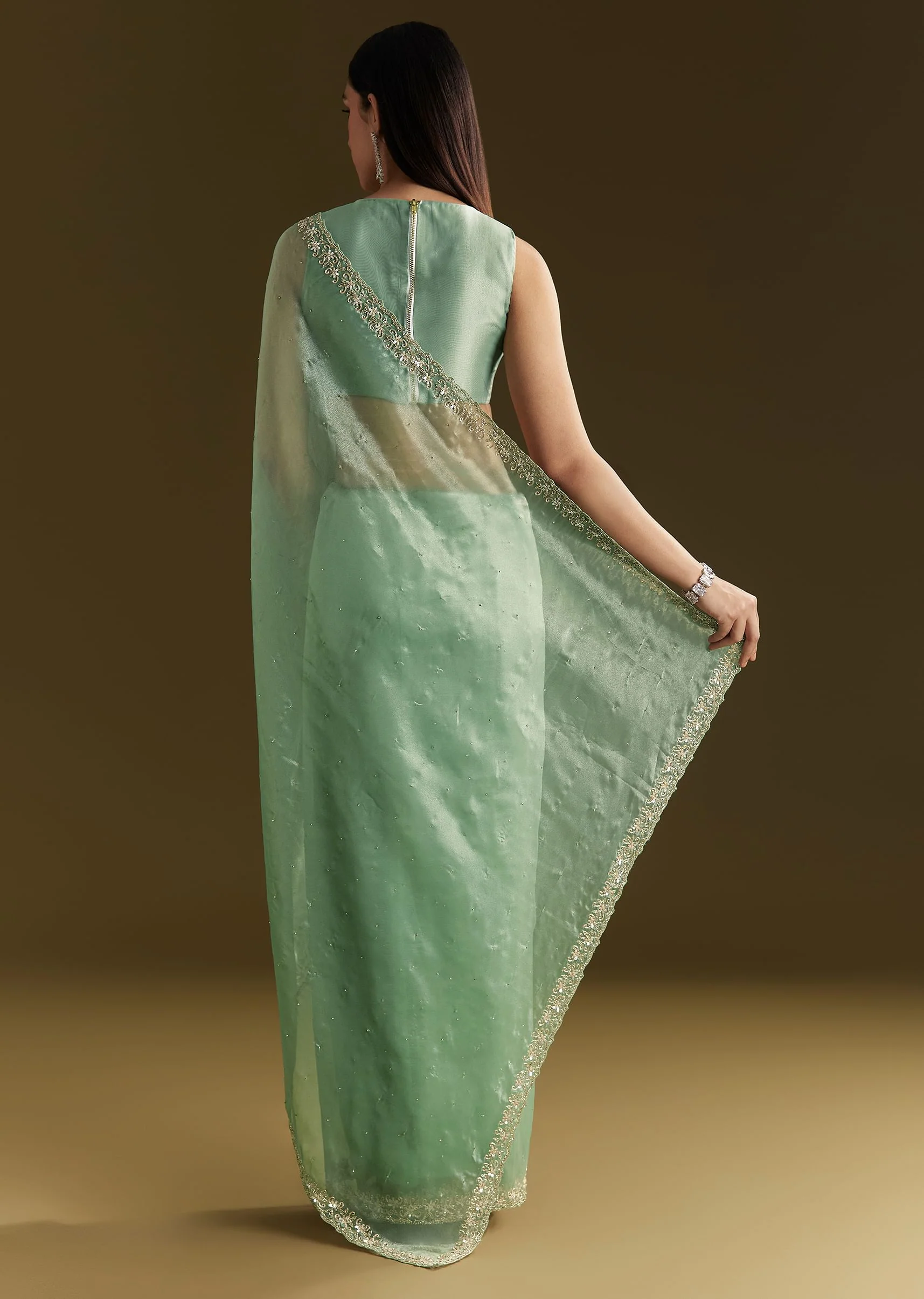 Aqua Green Organza Embroidered Saree With Scallop Border - Image 4