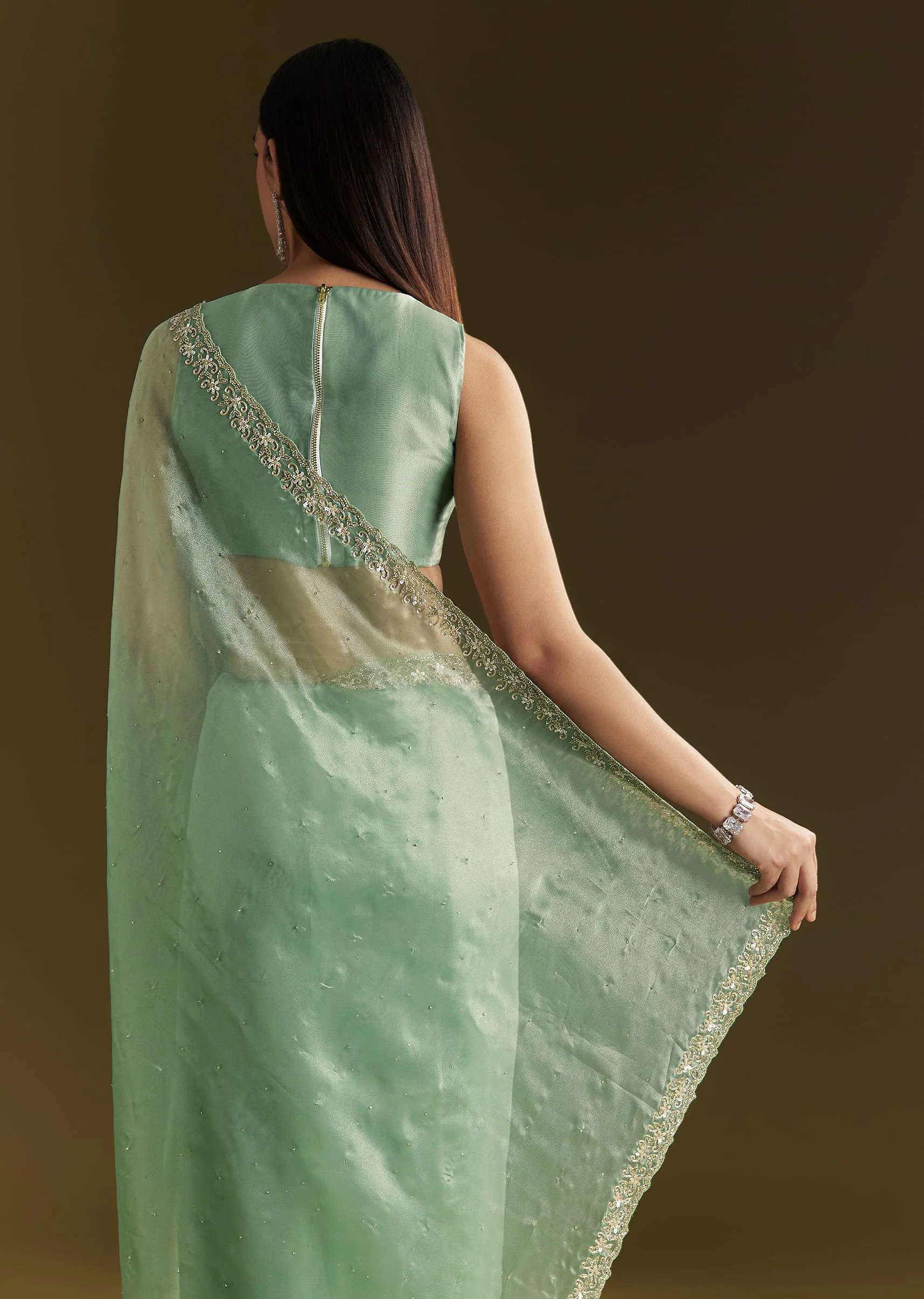 Aqua Green Organza Embroidered Saree With Scallop Border - Image 6