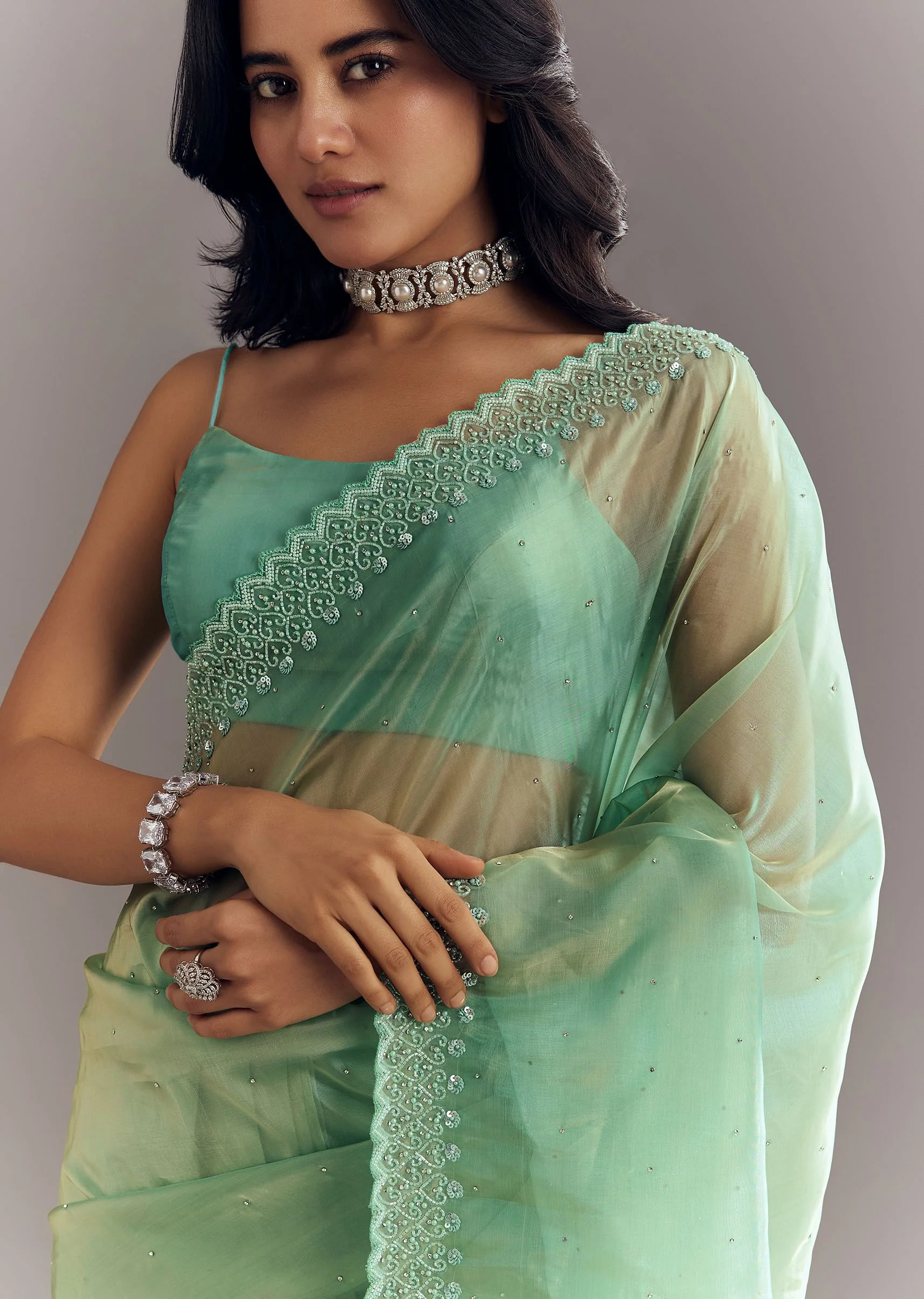Aqua Green Organza Saree With Stones Beads And Sequins Embroidery And Scallop Border - Image 2