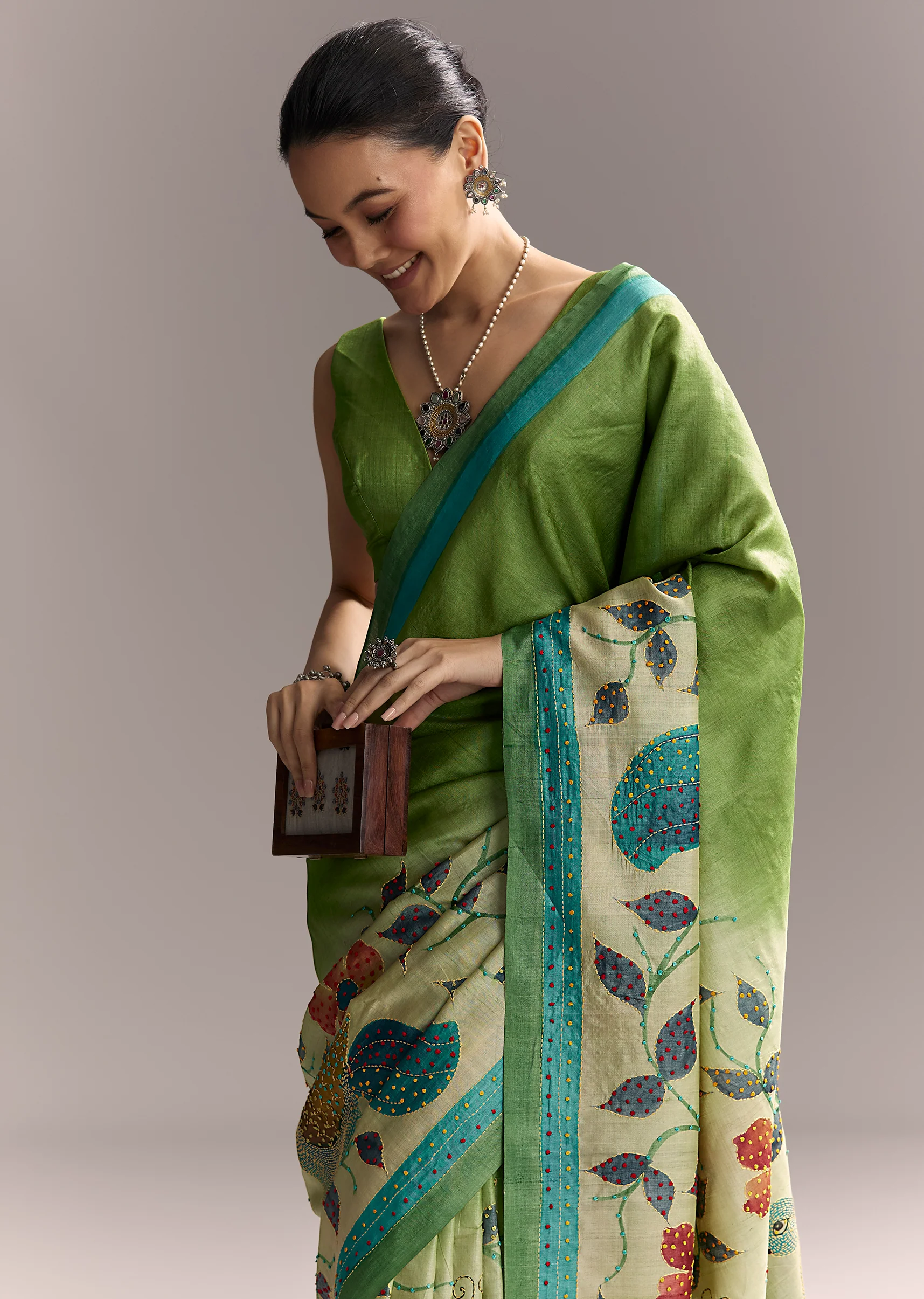 Artistic Green Festive Couple Set – Green Hand-Painted Cotton Saree For Her And Green Floral Silk Kurta Set For Him - Image 6